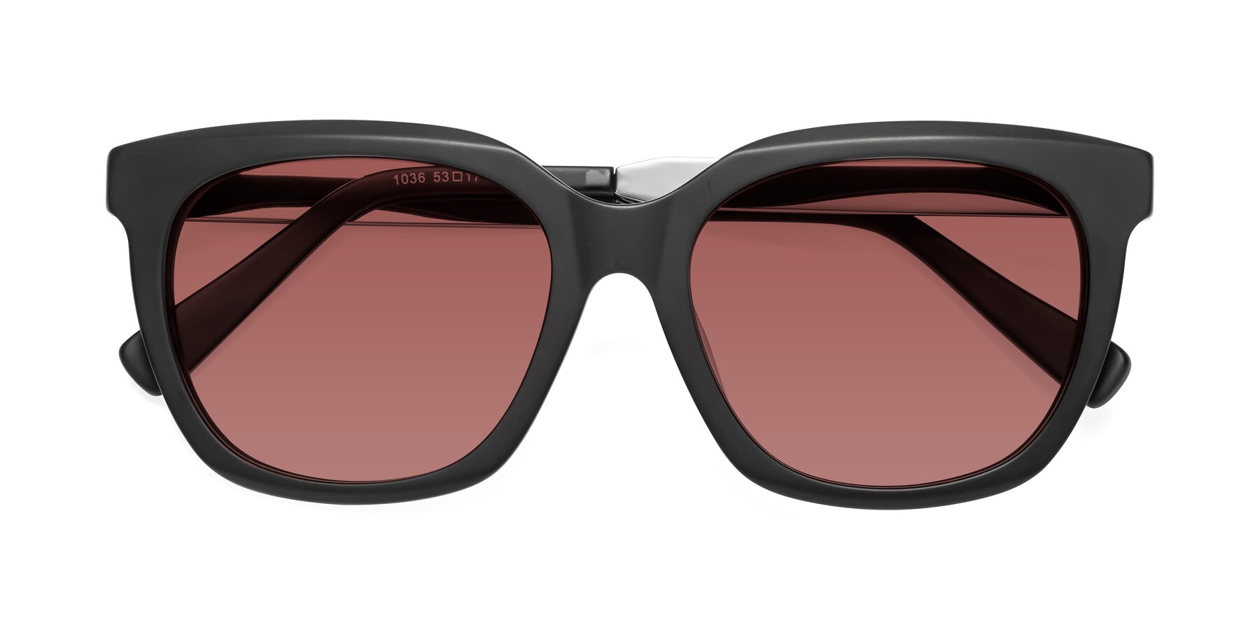 Folded Front of Talent in Matte Black with Garnet Tinted Lenses