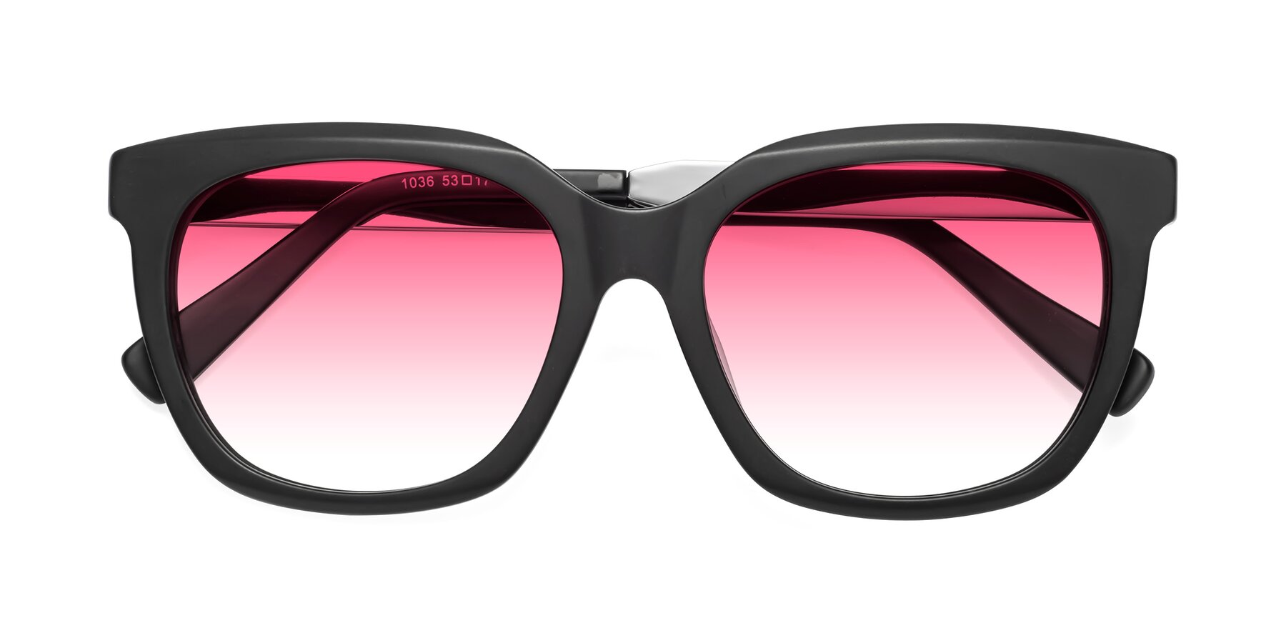 Folded Front of Talent in Matte Black with Pink Gradient Lenses