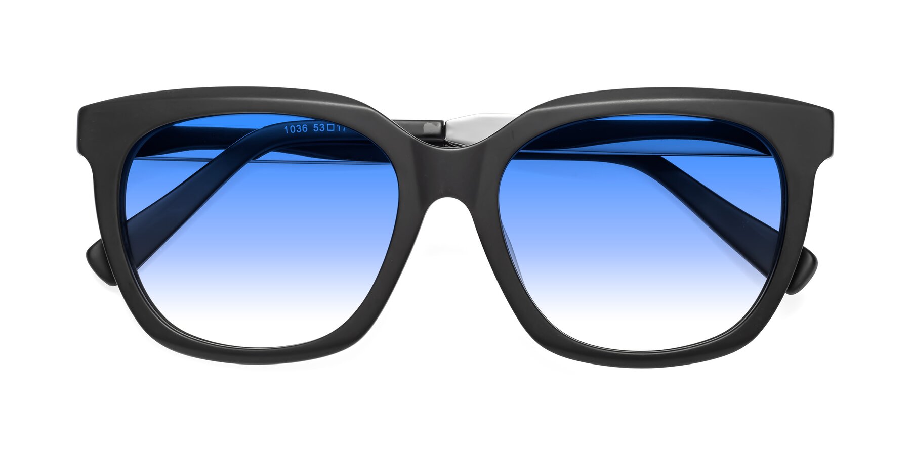 Folded Front of Talent in Matte Black with Blue Gradient Lenses