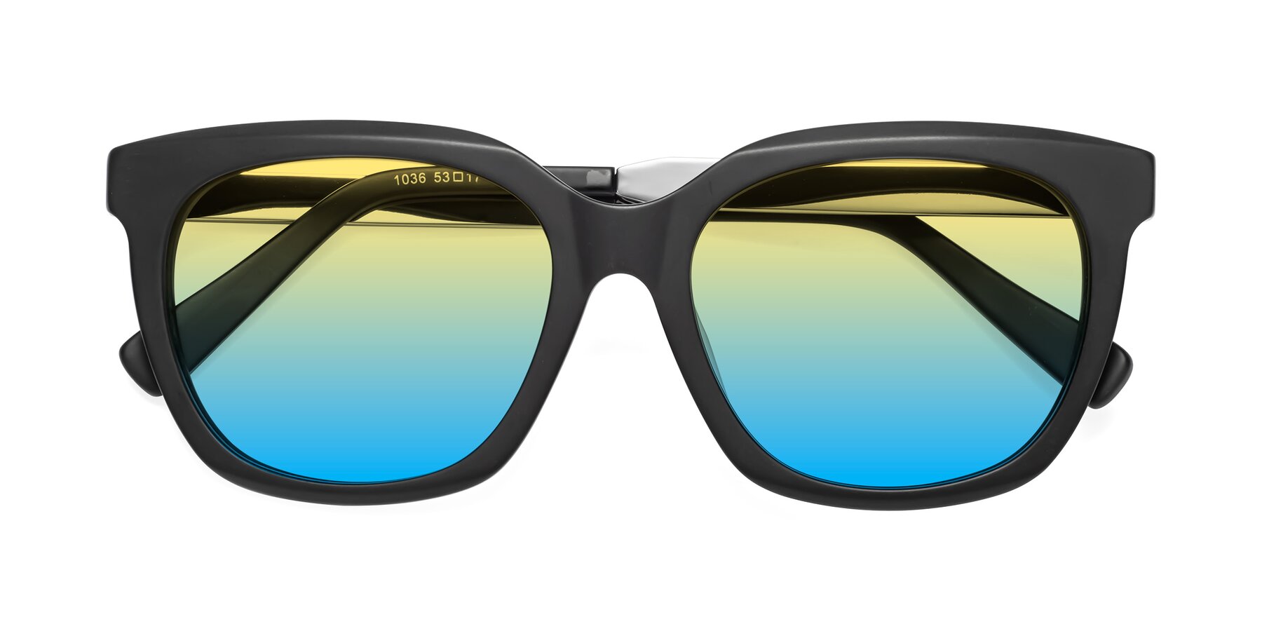 Folded Front of Talent in Matte Black with Yellow / Blue Gradient Lenses