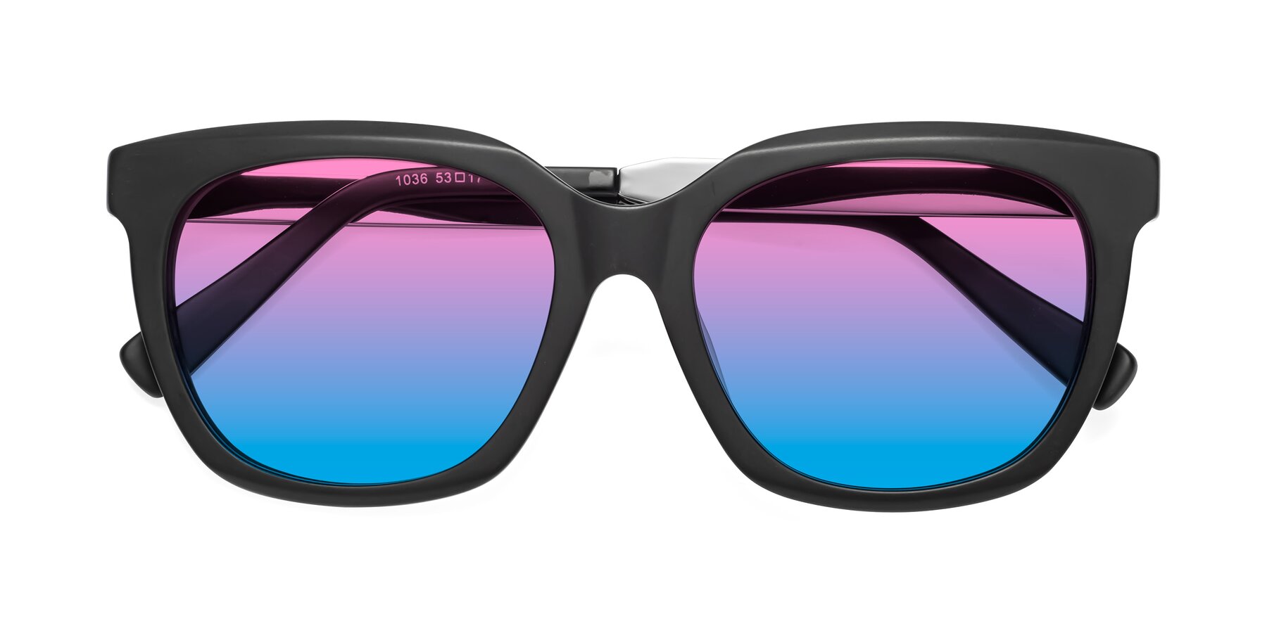 Folded Front of Talent in Matte Black with Pink / Blue Gradient Lenses