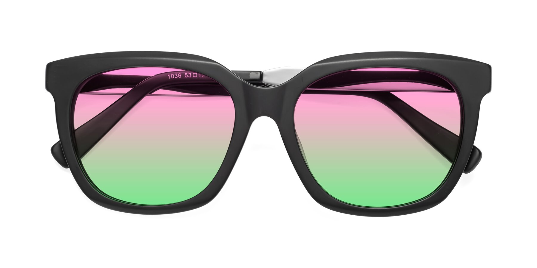Folded Front of Talent in Matte Black with Pink / Green Gradient Lenses