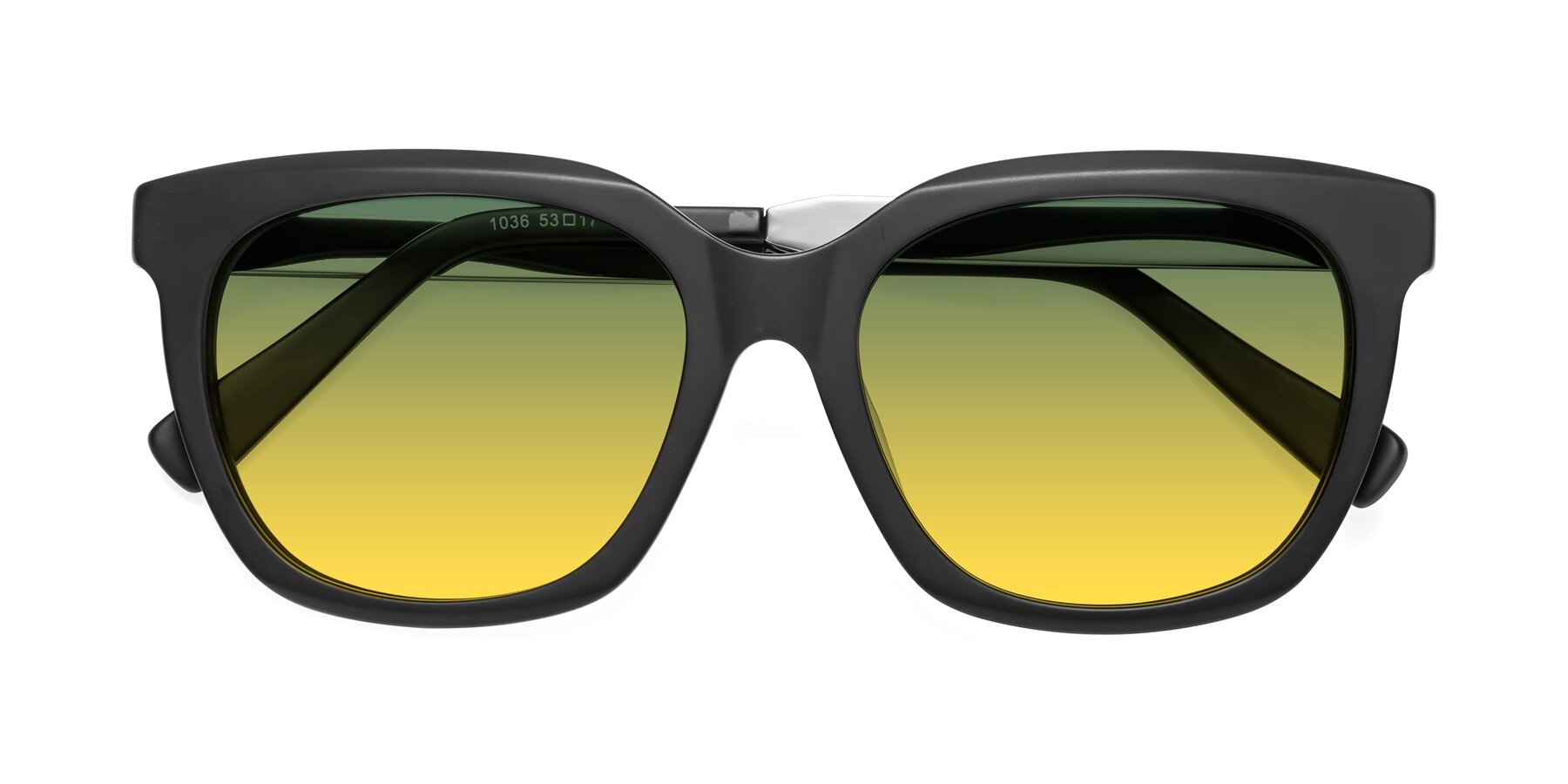 Folded Front of Talent in Matte Black with Green / Yellow Gradient Lenses