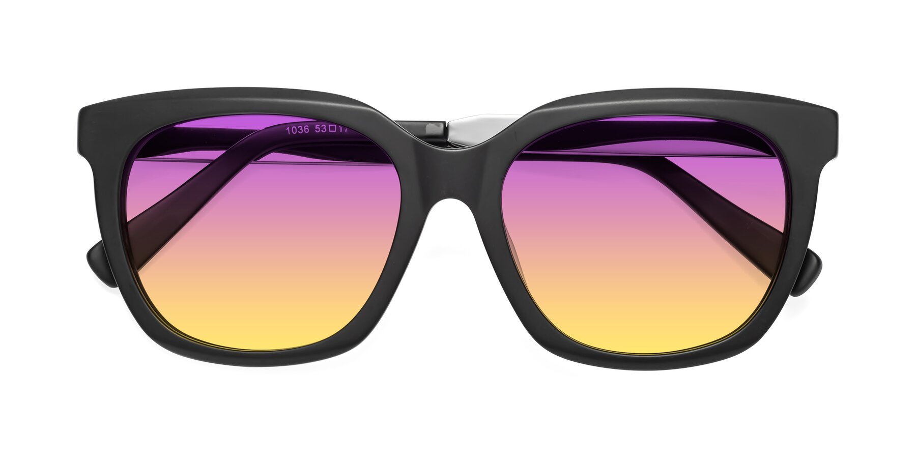 Folded Front of Talent in Matte Black with Purple / Yellow Gradient Lenses