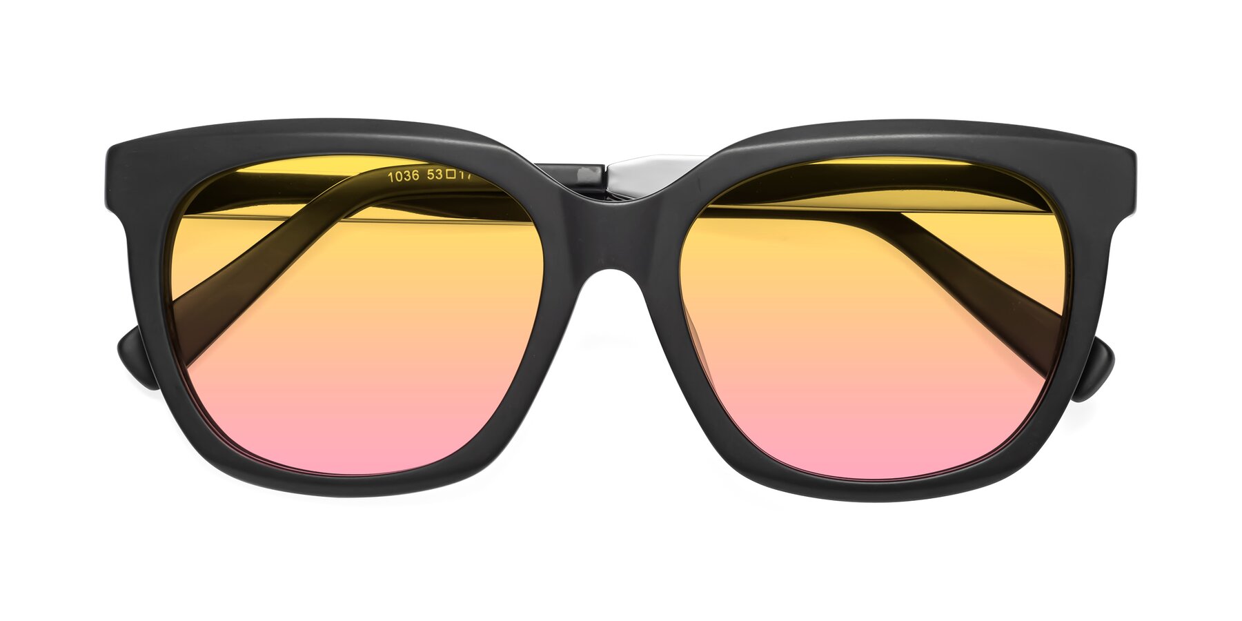 Folded Front of Talent in Matte Black with Yellow / Pink Gradient Lenses