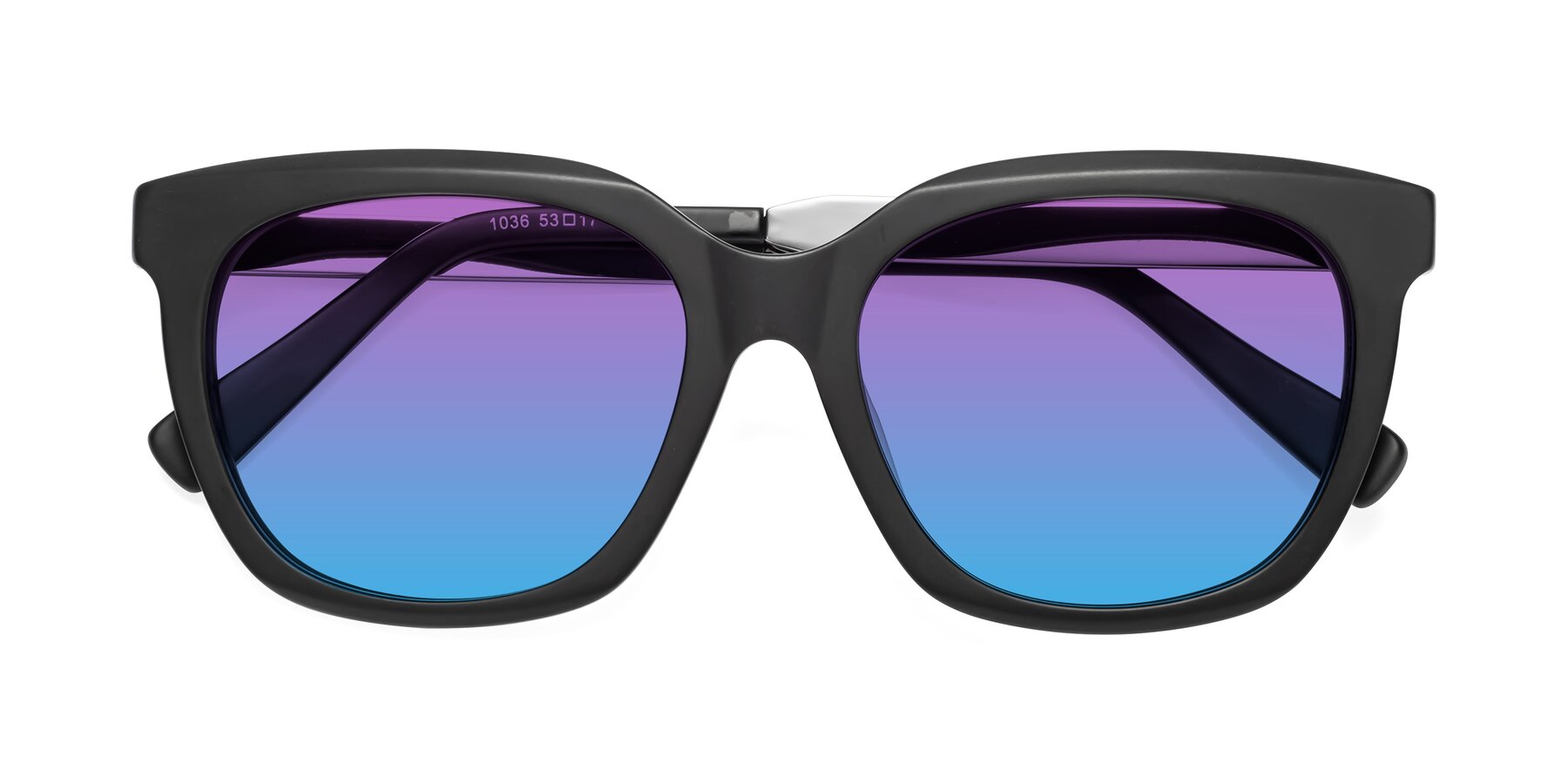 Folded Front of Talent in Matte Black with Purple / Blue Gradient Lenses