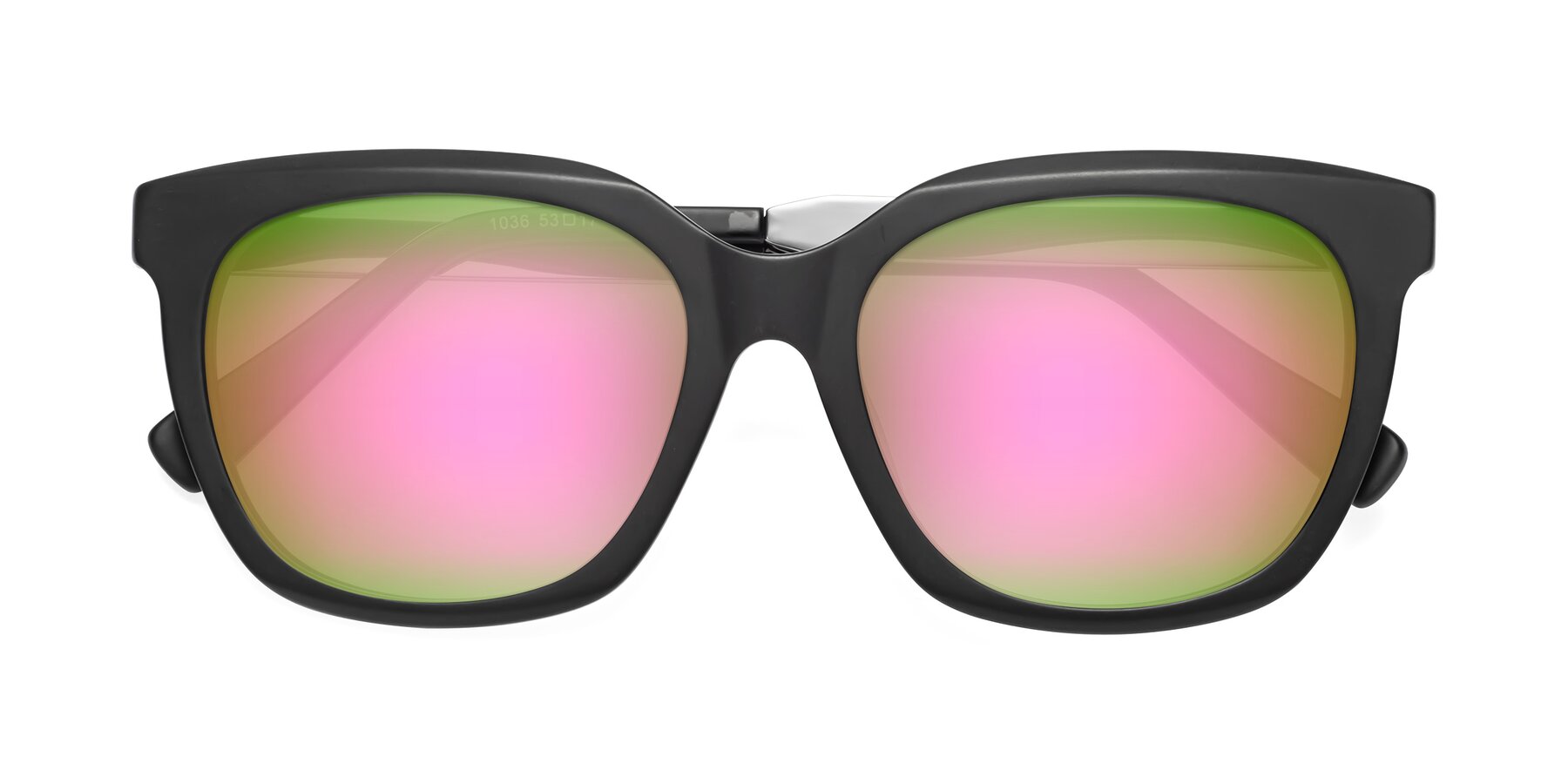 Folded Front of Talent in Matte Black with Pink Mirrored Lenses