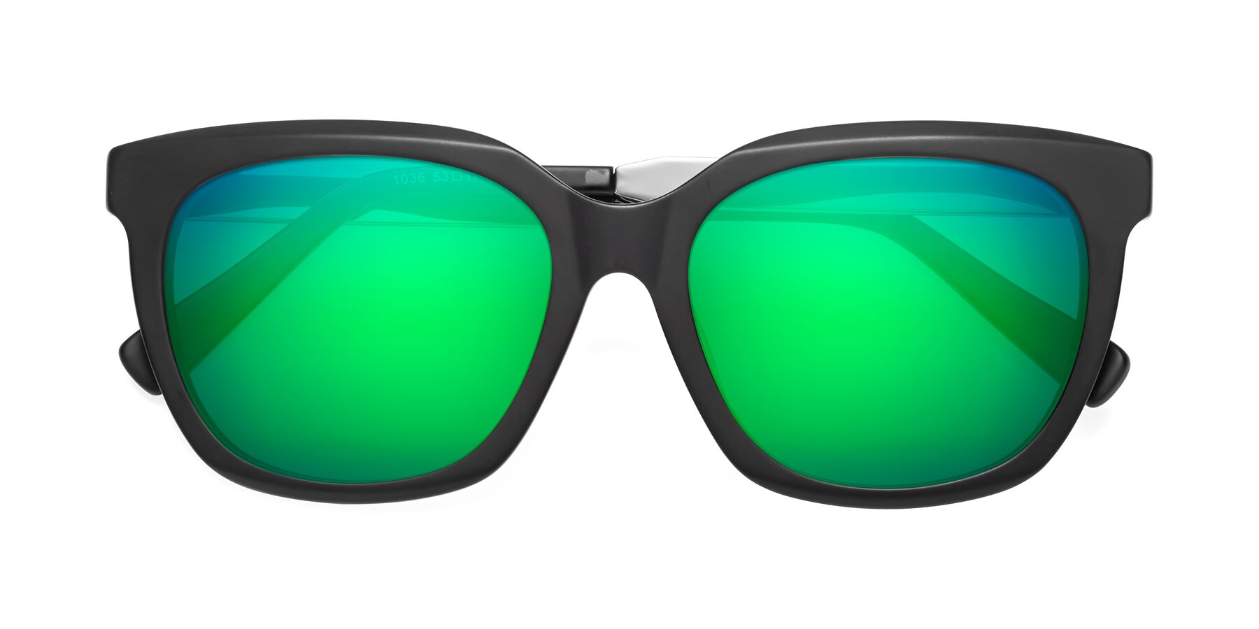 Folded Front of Talent in Matte Black with Green Mirrored Lenses