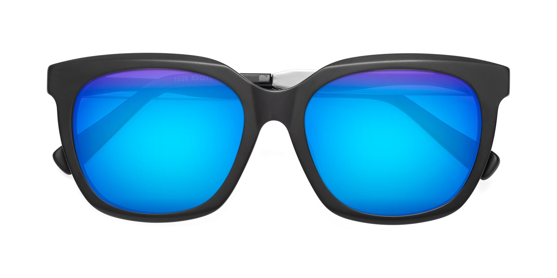 Folded Front of Talent in Matte Black with Blue Mirrored Lenses