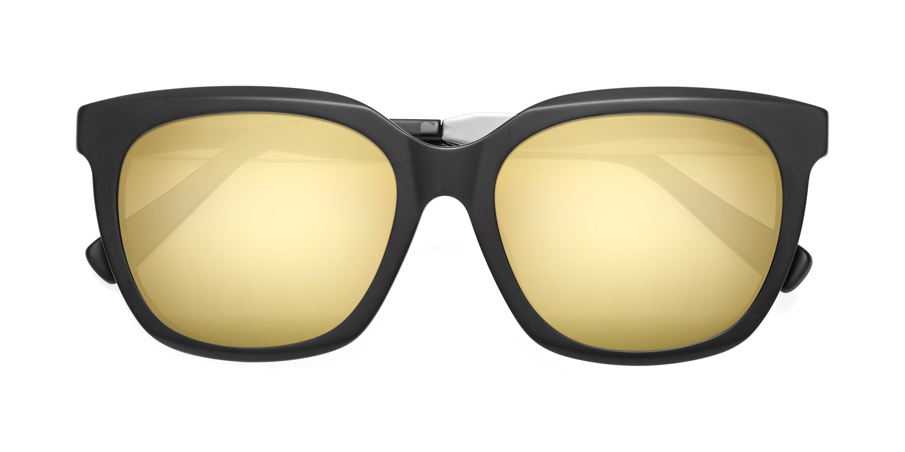 Folded Front of Talent in Matte Black with Gold Mirrored Lenses