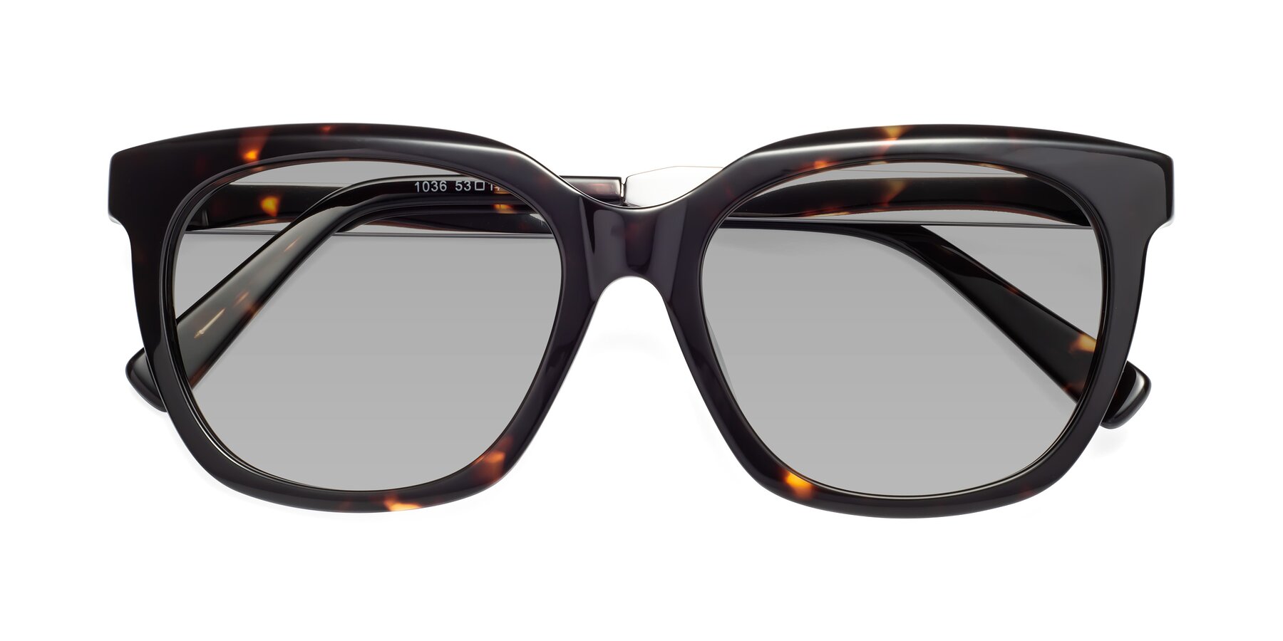 Folded Front of Talent in Tortoise with Light Gray Tinted Lenses