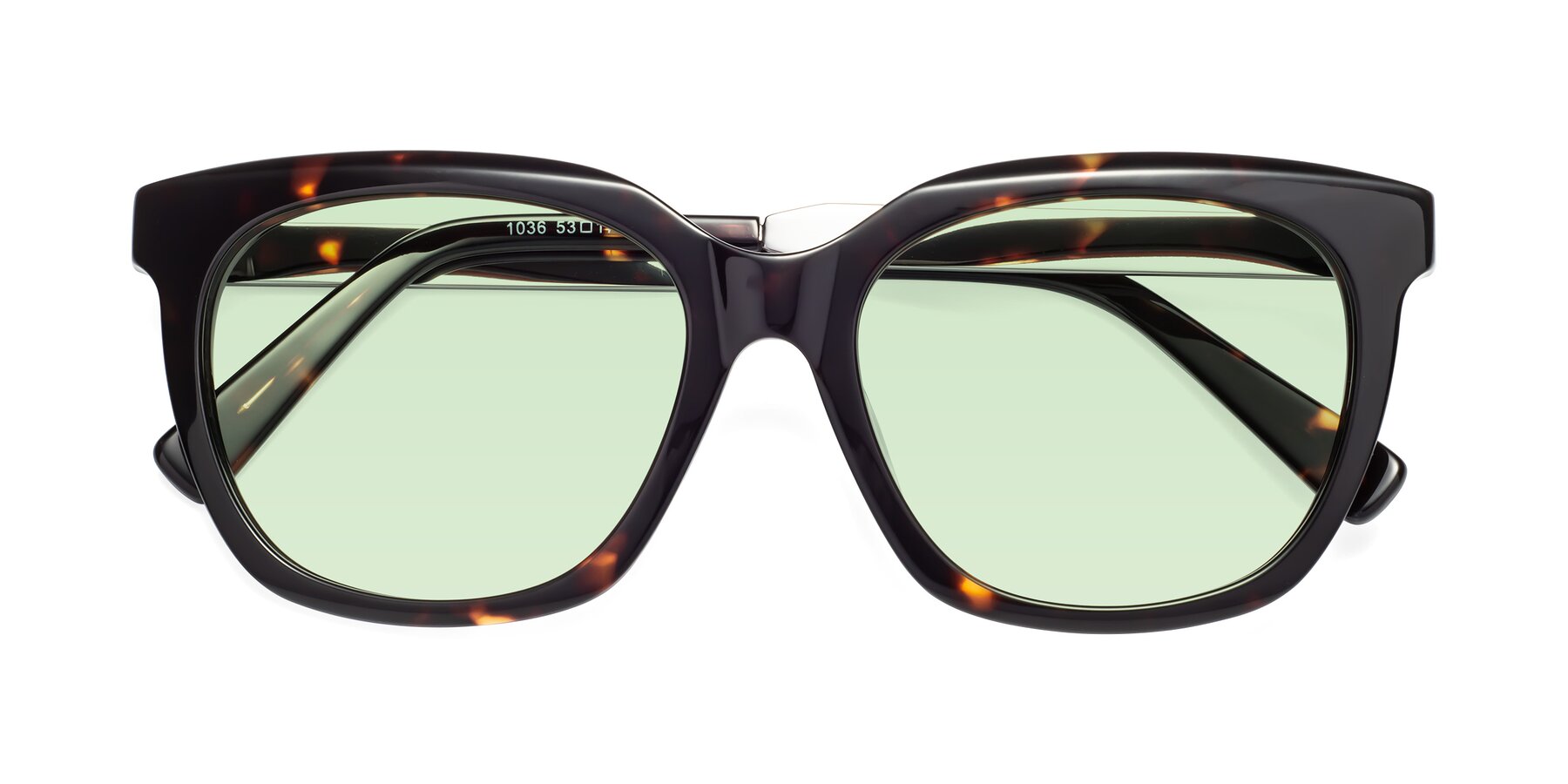 Folded Front of Talent in Tortoise with Light Green Tinted Lenses