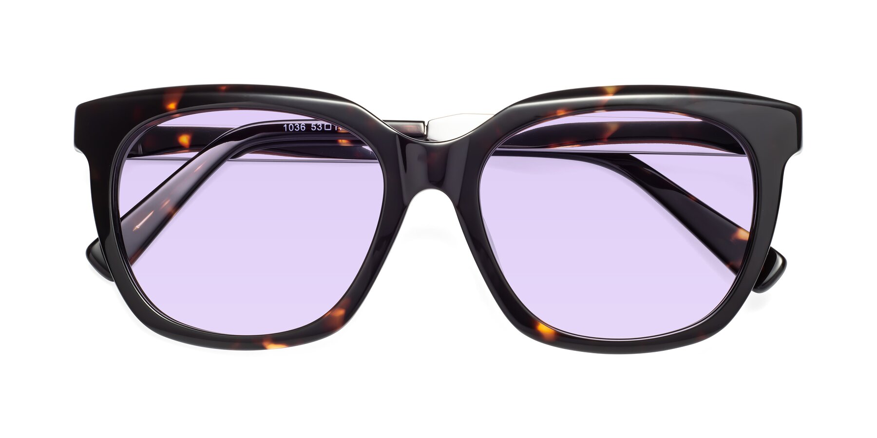 Folded Front of Talent in Tortoise with Light Purple Tinted Lenses