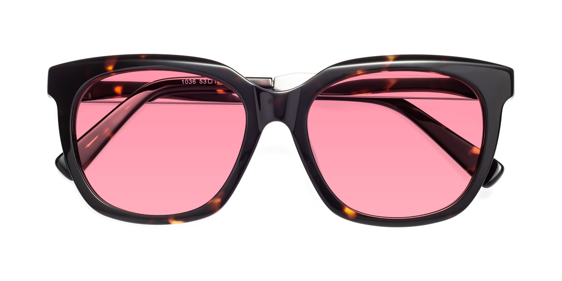 Folded Front of Talent in Tortoise with Pink Tinted Lenses