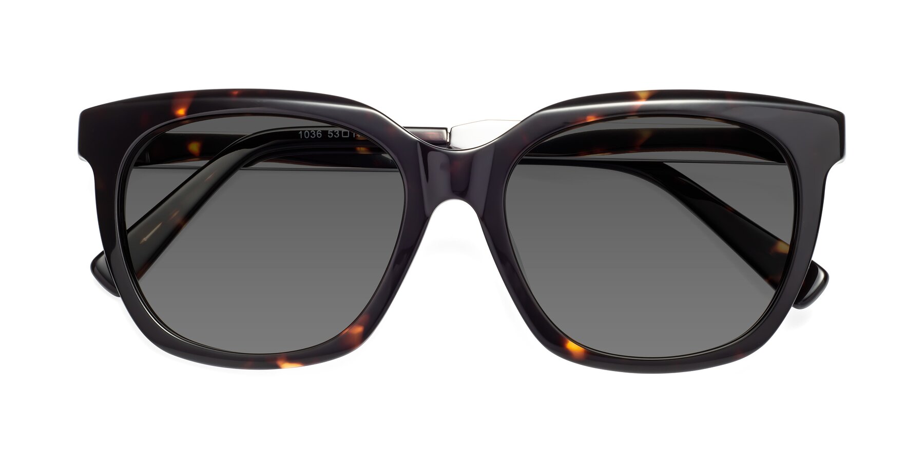 Folded Front of Talent in Tortoise with Medium Gray Tinted Lenses