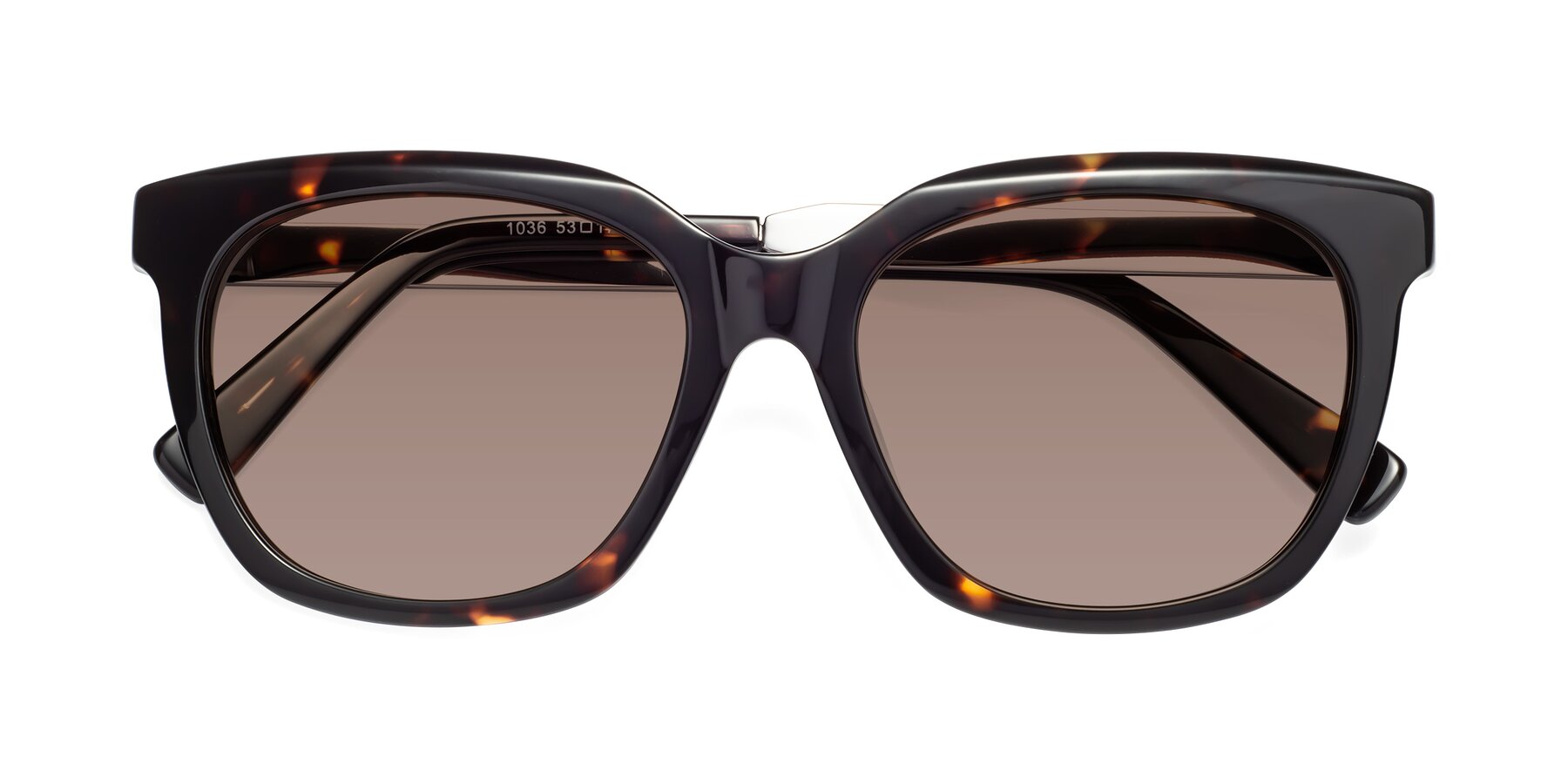 Folded Front of Talent in Tortoise with Medium Brown Tinted Lenses