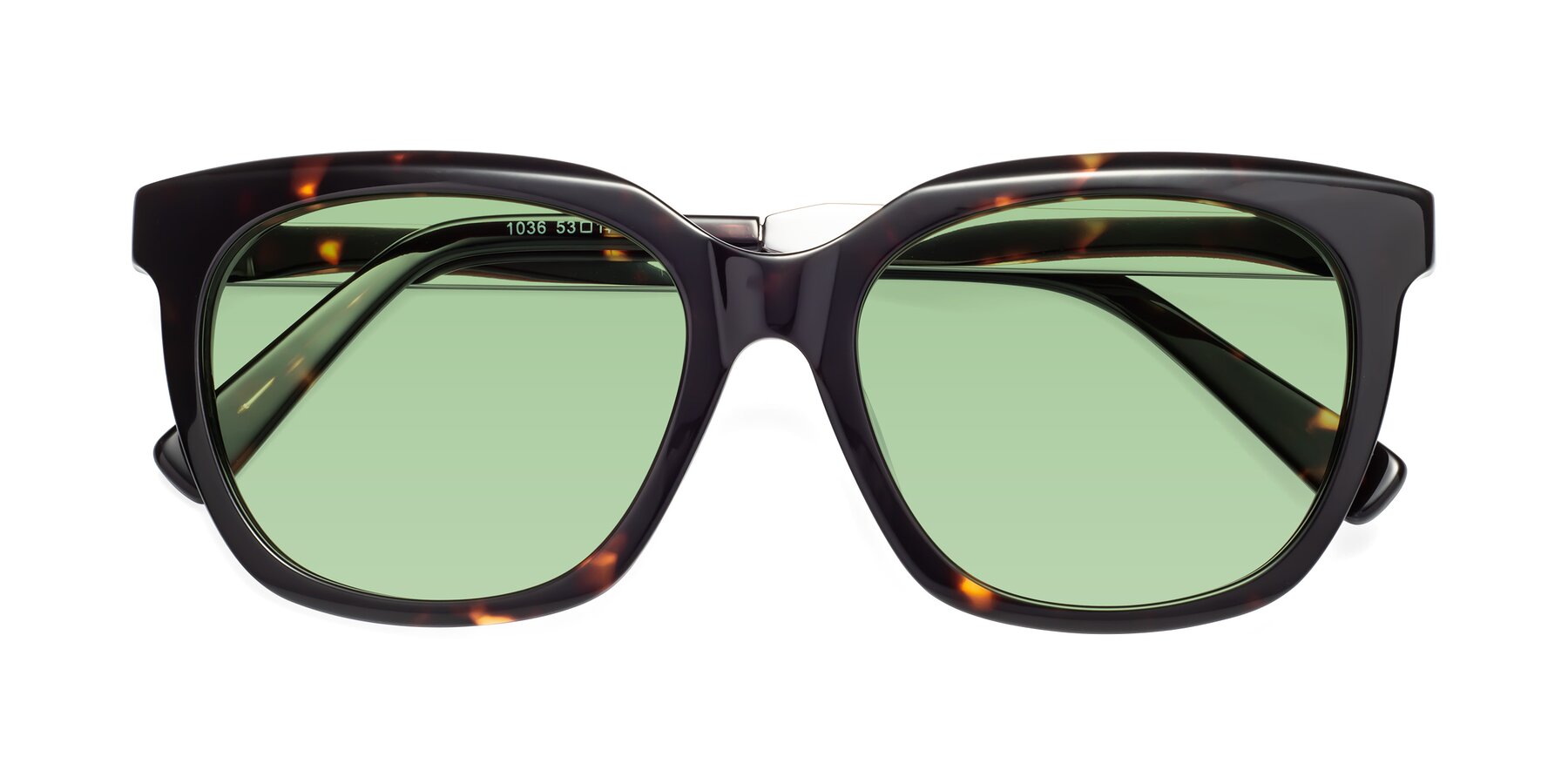 Folded Front of Talent in Tortoise with Medium Green Tinted Lenses