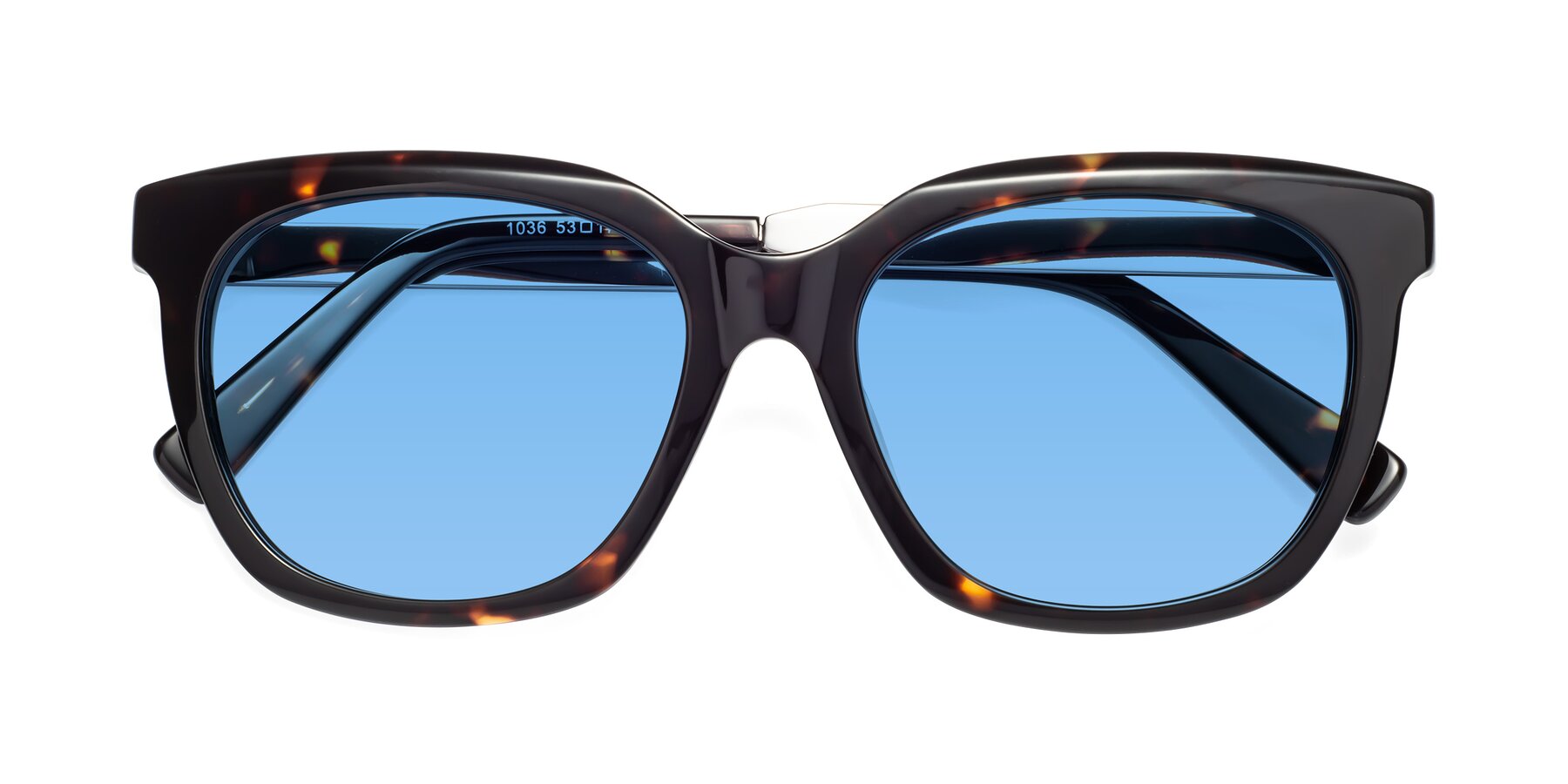 Folded Front of Talent in Tortoise with Medium Blue Tinted Lenses