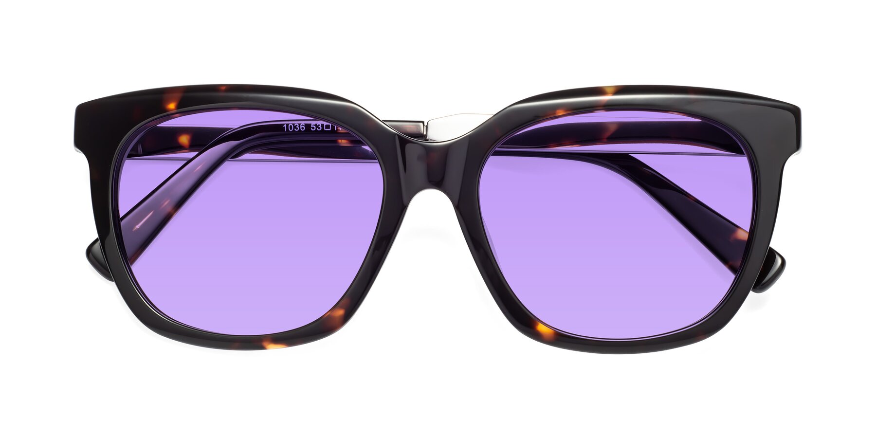 Folded Front of Talent in Tortoise with Medium Purple Tinted Lenses