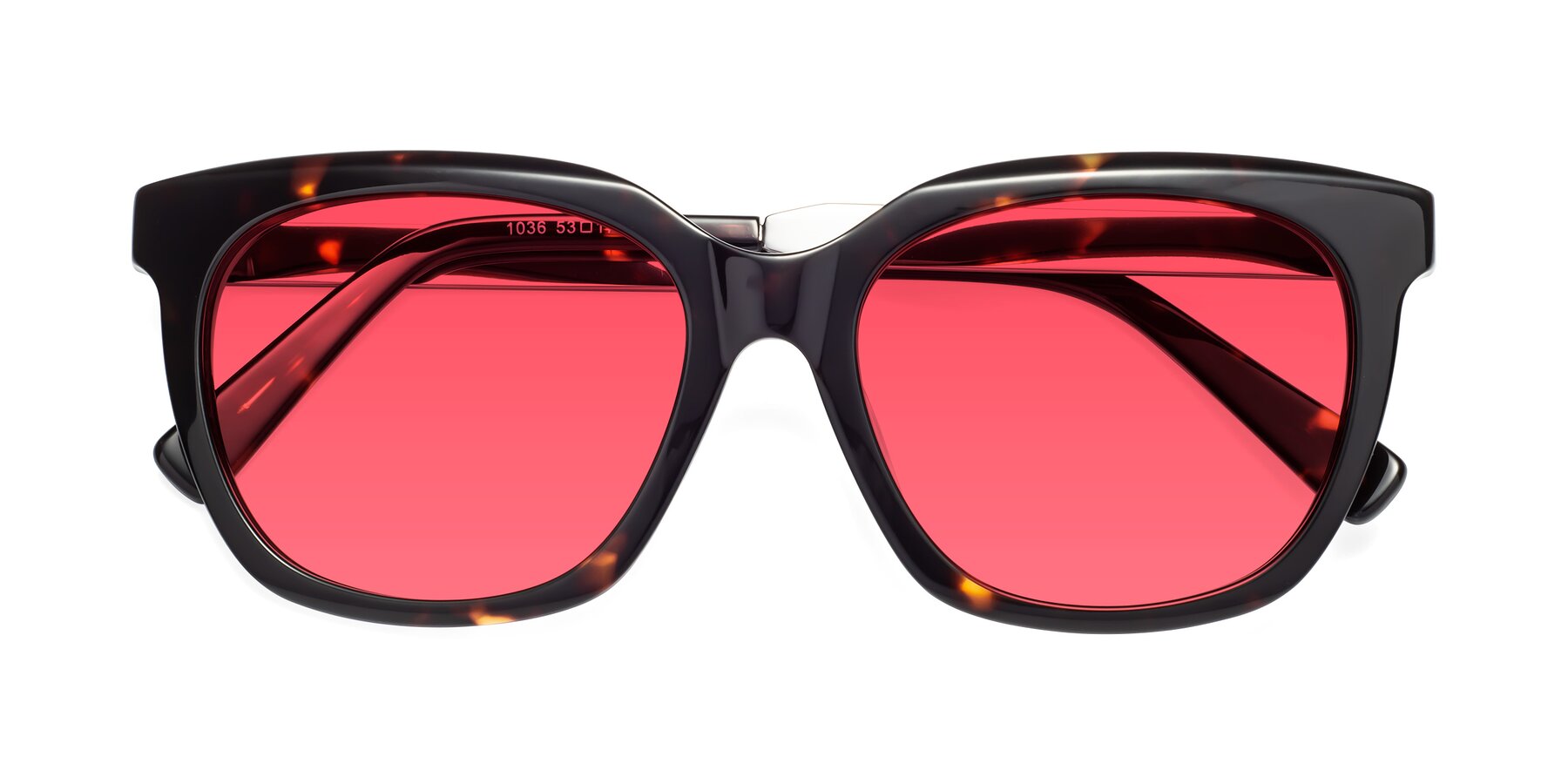 Folded Front of Talent in Tortoise with Red Tinted Lenses