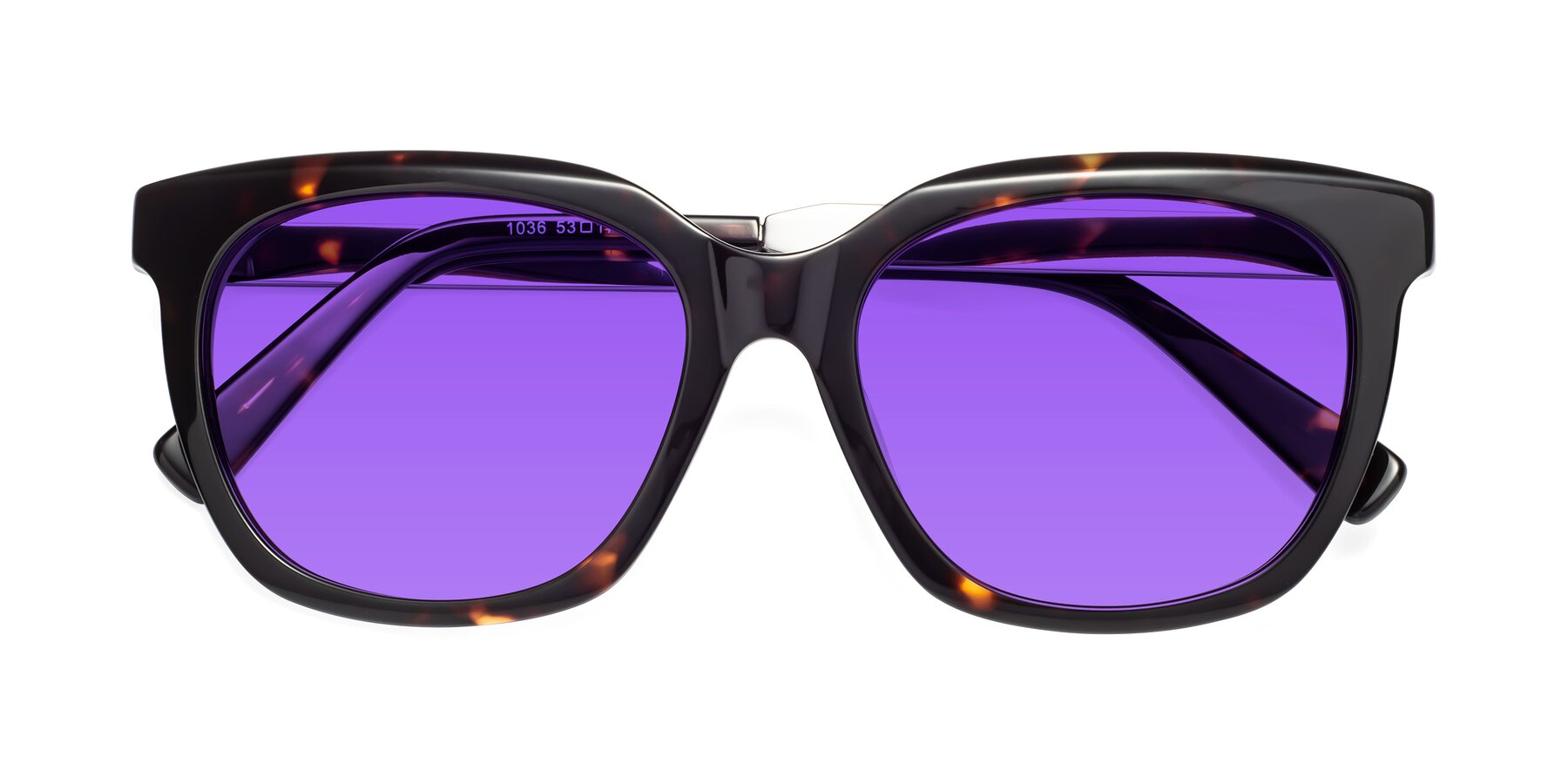Folded Front of Talent in Tortoise with Purple Tinted Lenses