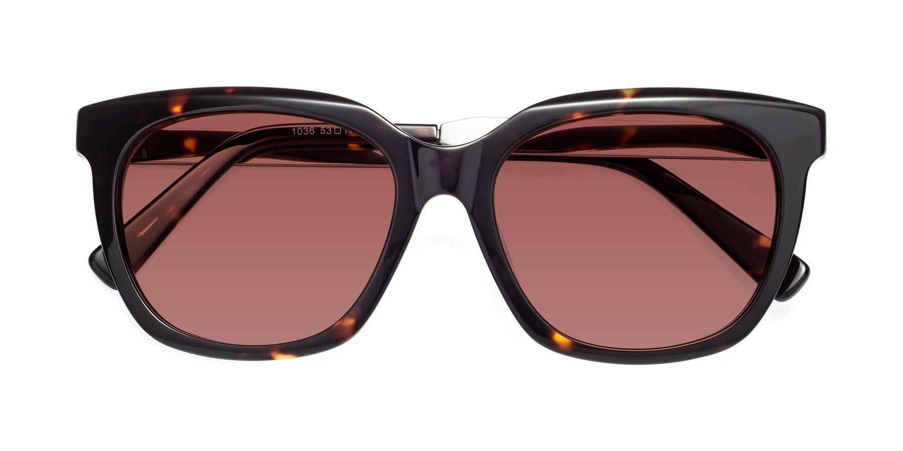 Folded Front of Talent in Tortoise with Garnet Tinted Lenses