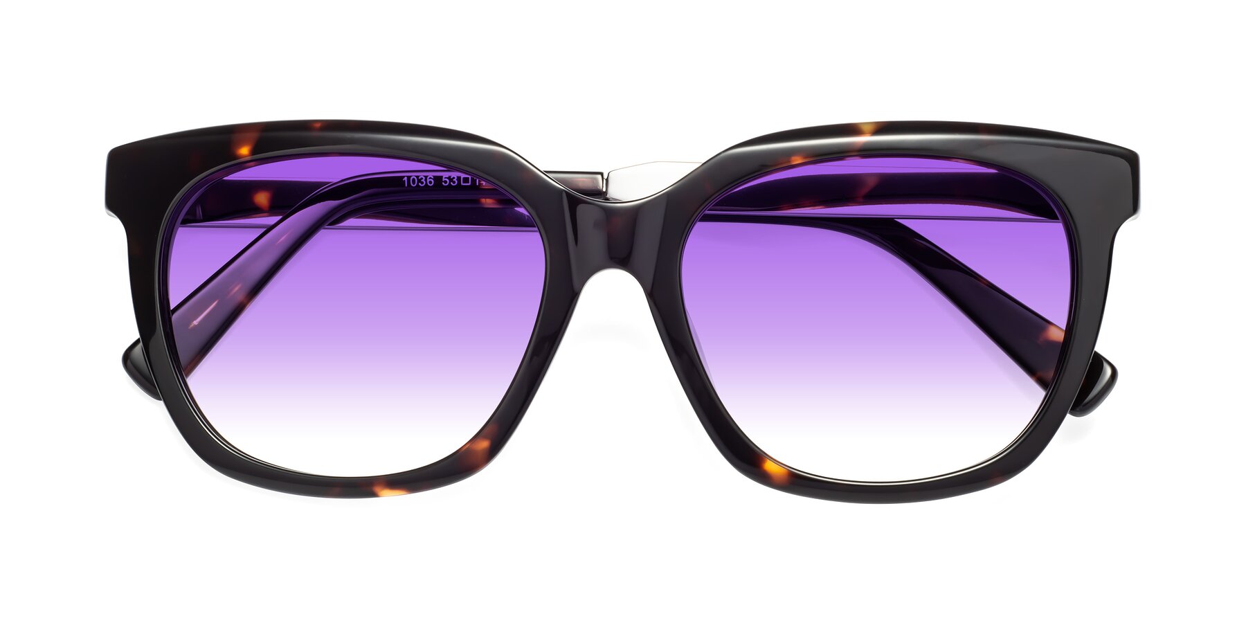Folded Front of Talent in Tortoise with Purple Gradient Lenses