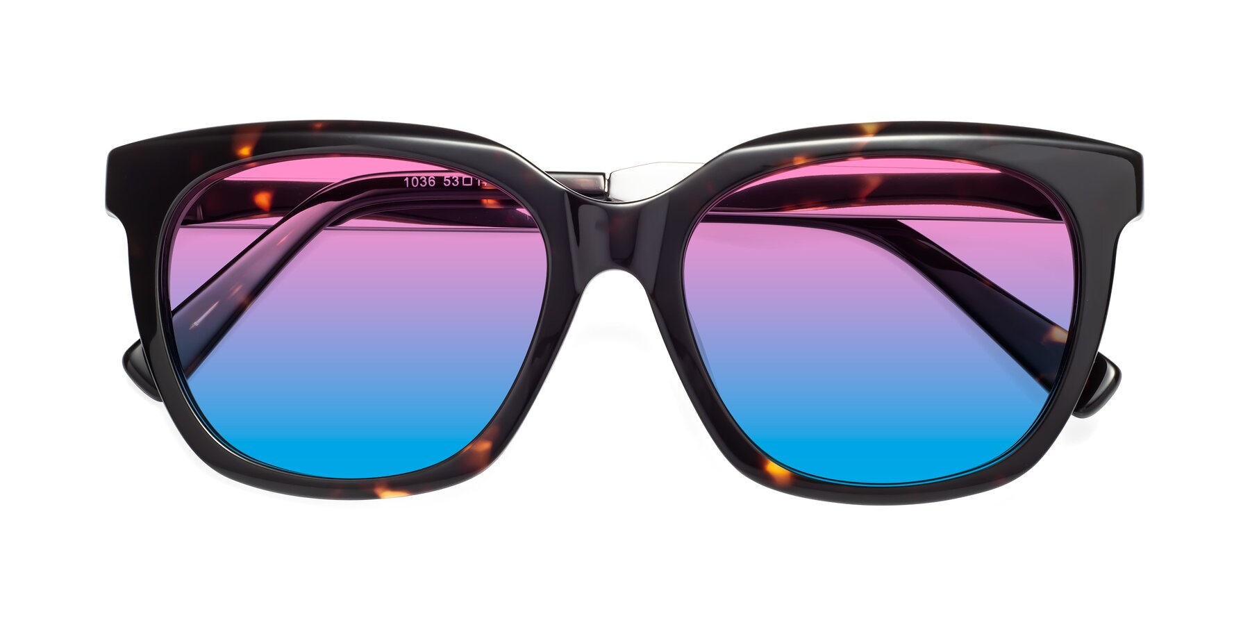 Folded Front of Talent in Tortoise with Pink / Blue Gradient Lenses