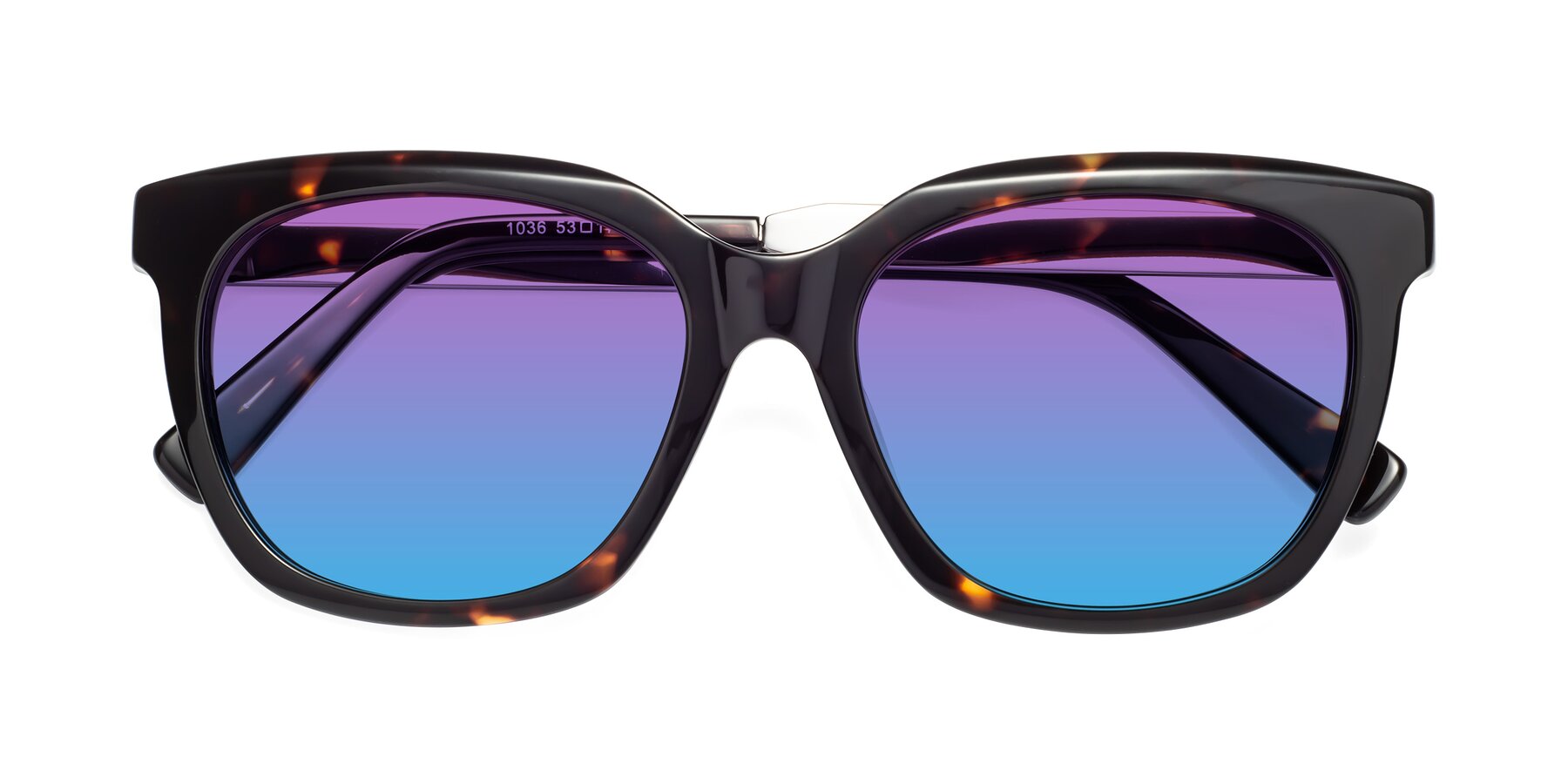 Folded Front of Talent in Tortoise with Purple / Blue Gradient Lenses