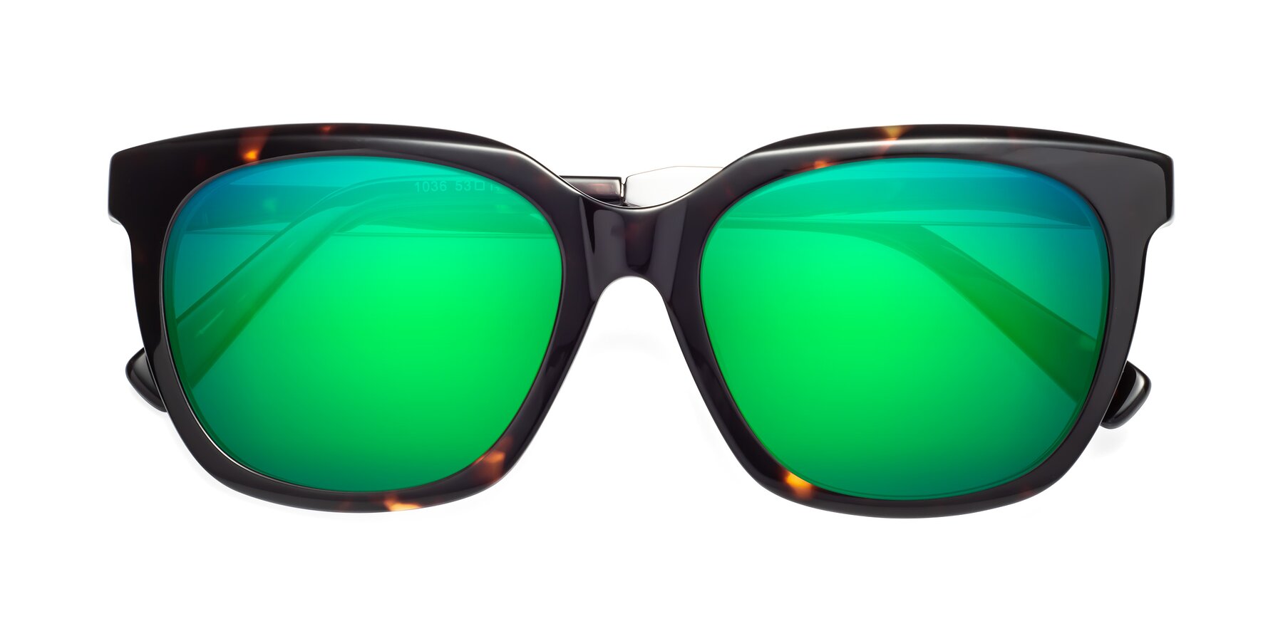 Folded Front of Talent in Tortoise with Green Mirrored Lenses