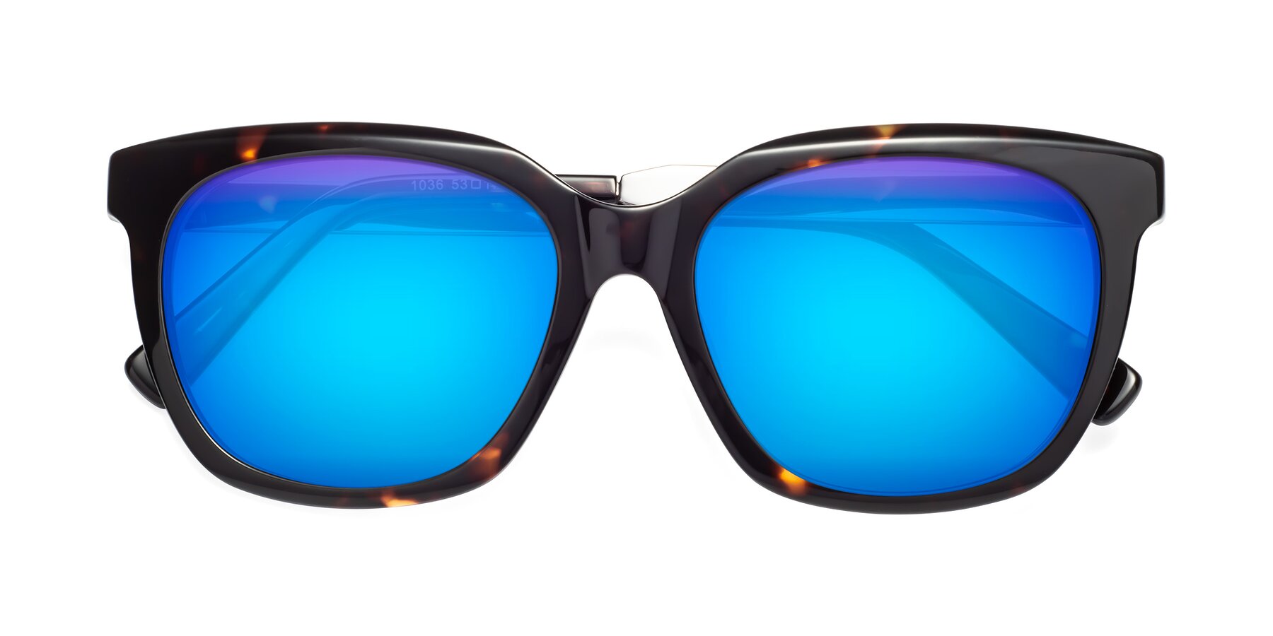 Folded Front of Talent in Tortoise with Blue Mirrored Lenses