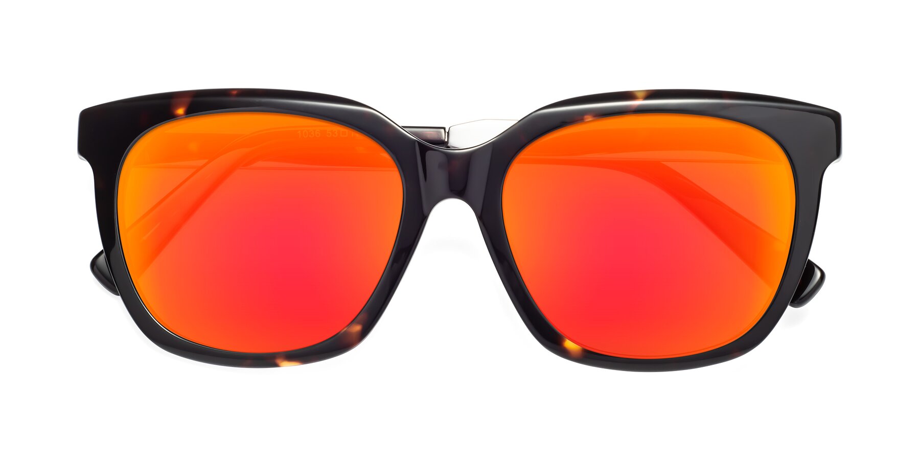 Folded Front of Talent in Tortoise with Red Gold Mirrored Lenses