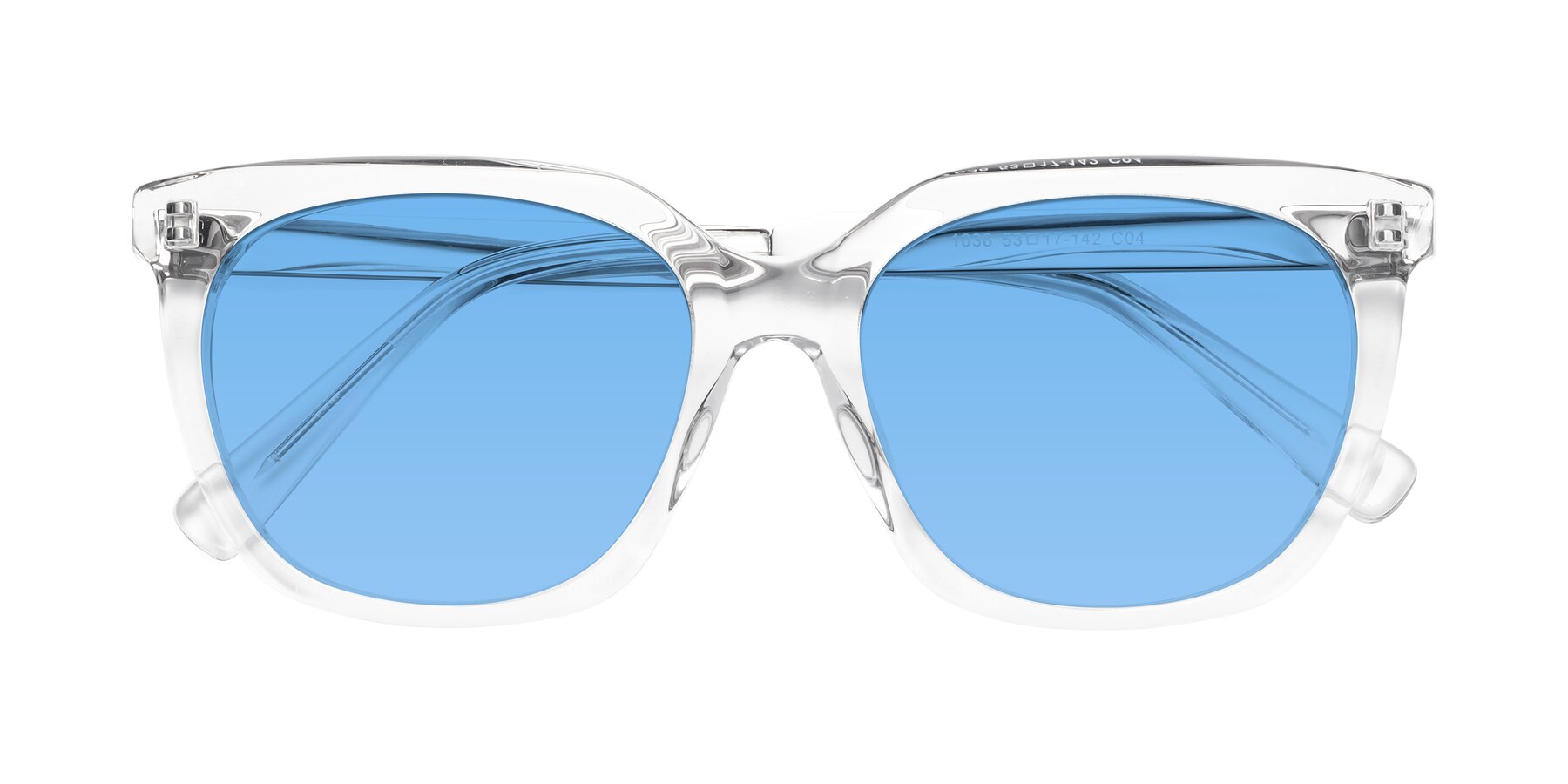 Folded Front of Talent in Clear with Medium Blue Tinted Lenses