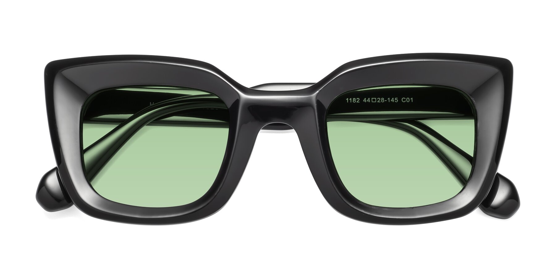 Folded Front of Homan in Black with Medium Green Tinted Lenses