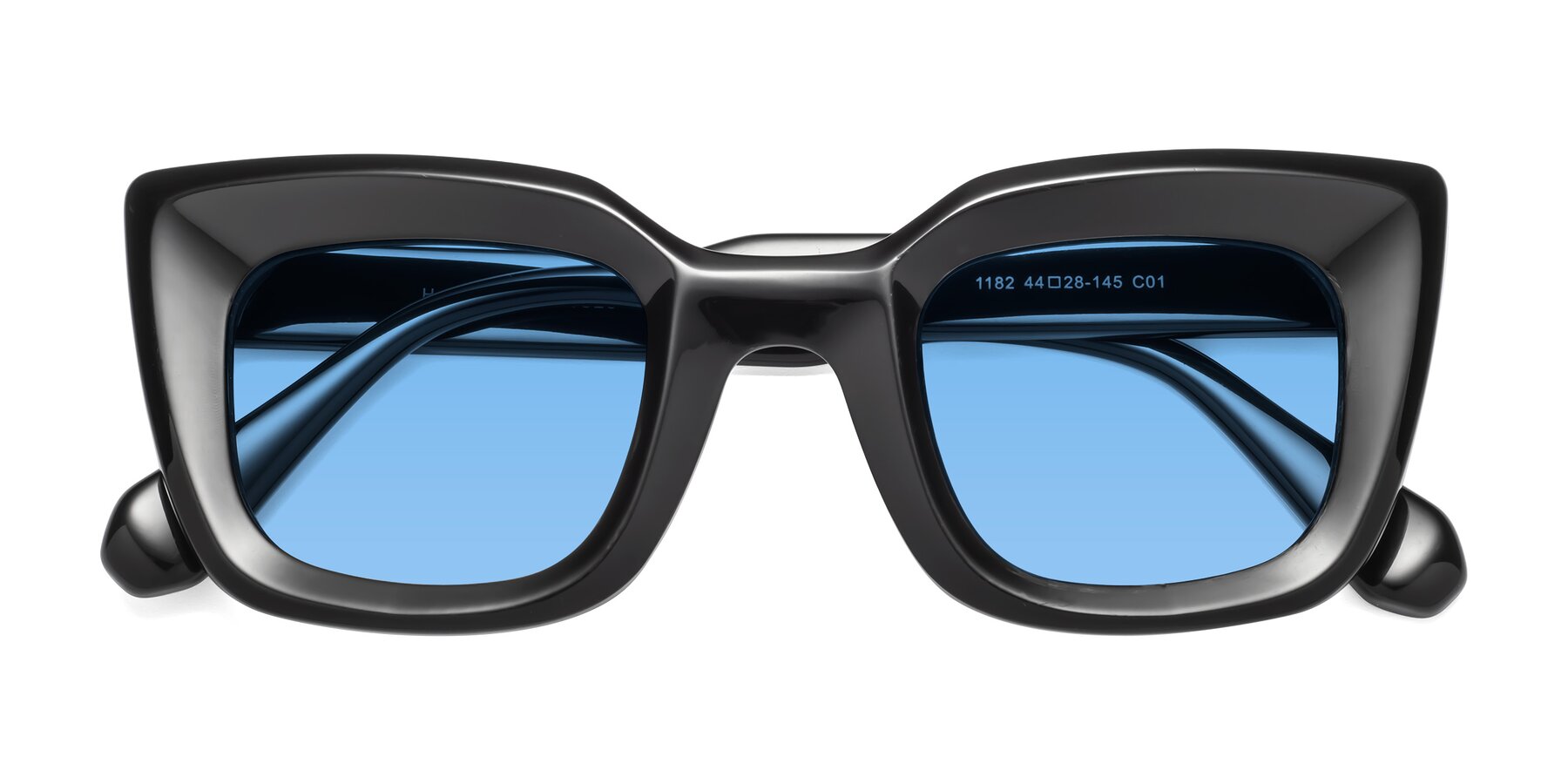 Folded Front of Homan in Black with Medium Blue Tinted Lenses