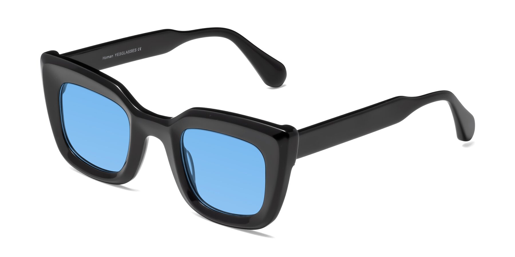 Angle of Homan in Black with Medium Blue Tinted Lenses