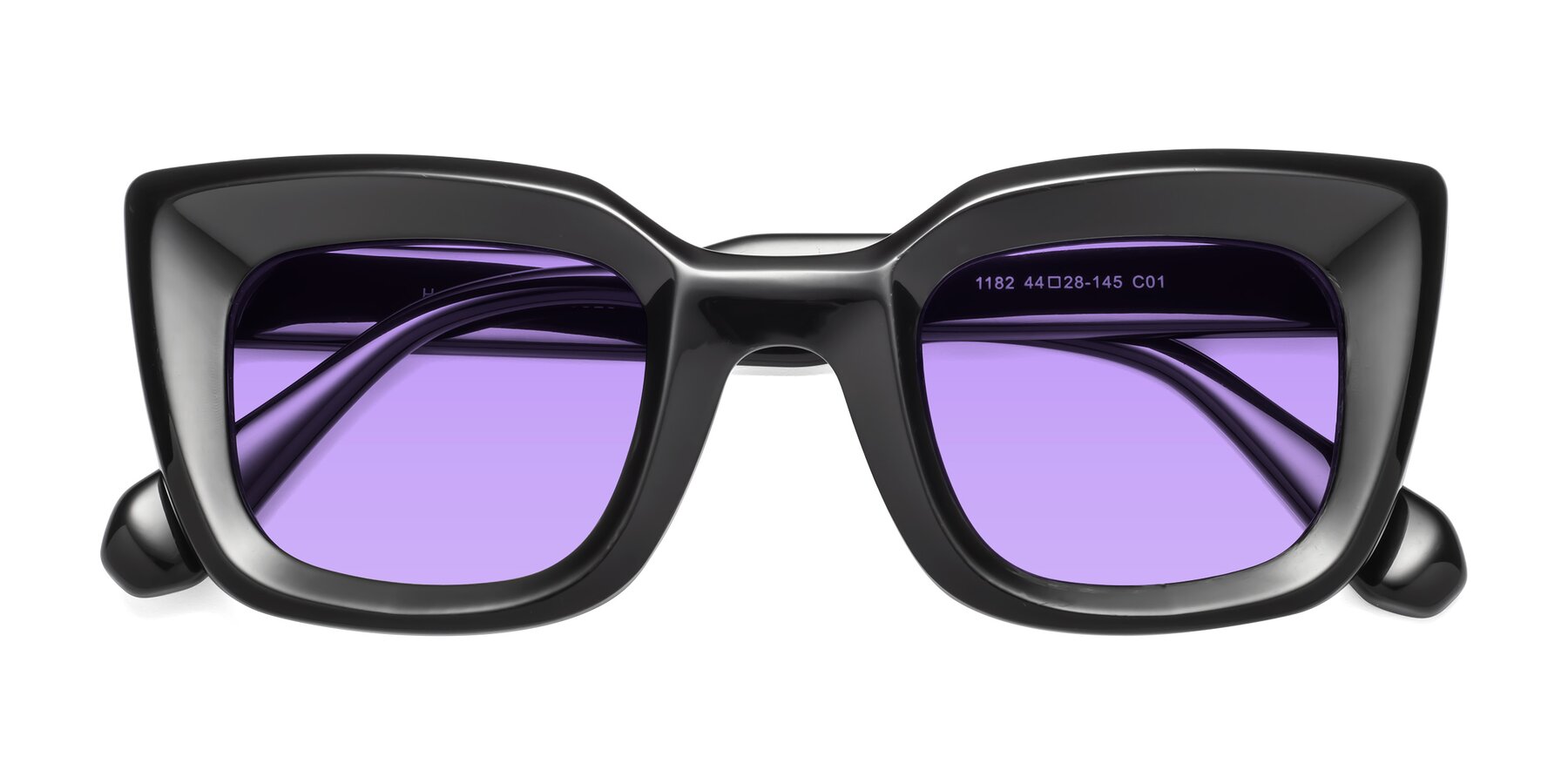 Folded Front of Homan in Black with Medium Purple Tinted Lenses