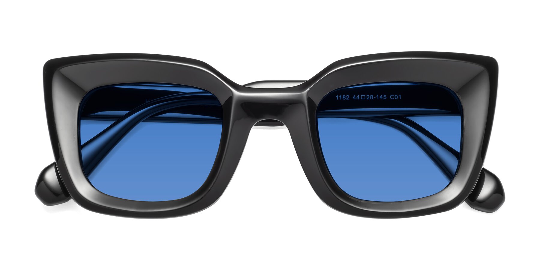 Folded Front of Homan in Black with Blue Tinted Lenses