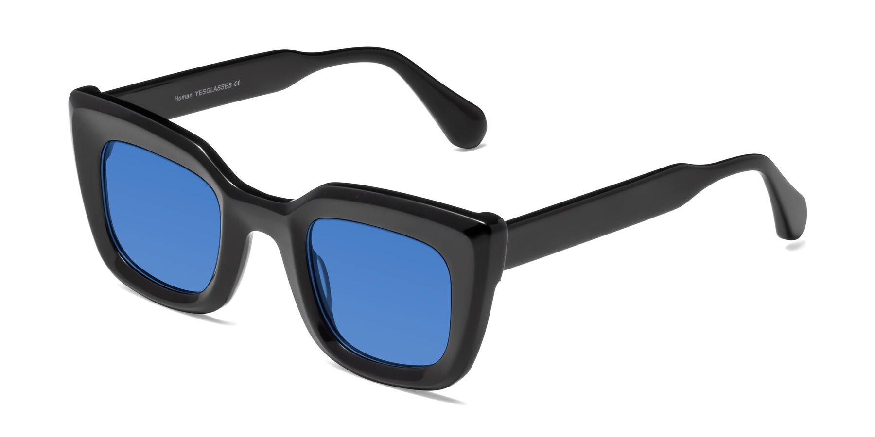 Angle of Homan in Black with Blue Tinted Lenses