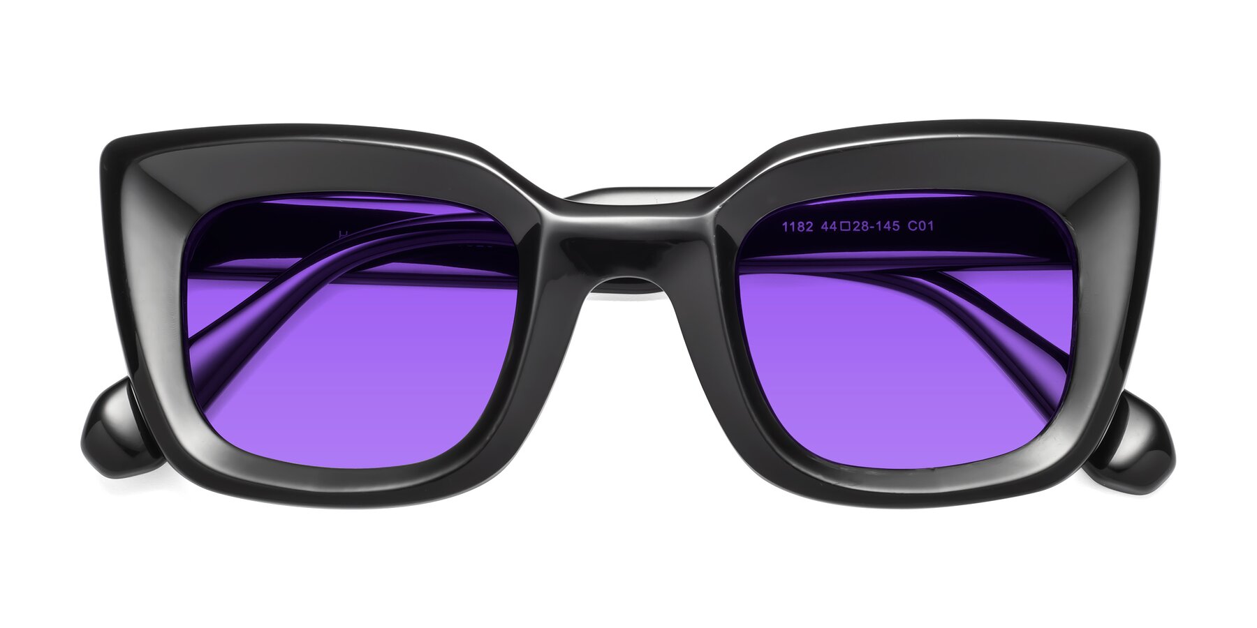 Folded Front of Homan in Black with Purple Tinted Lenses