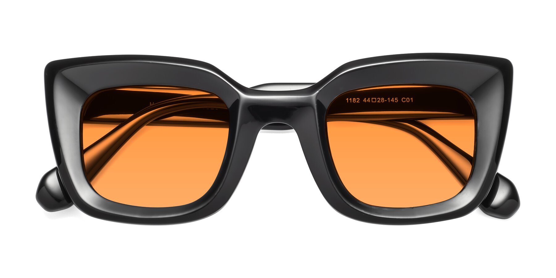Folded Front of Homan in Black with Orange Tinted Lenses