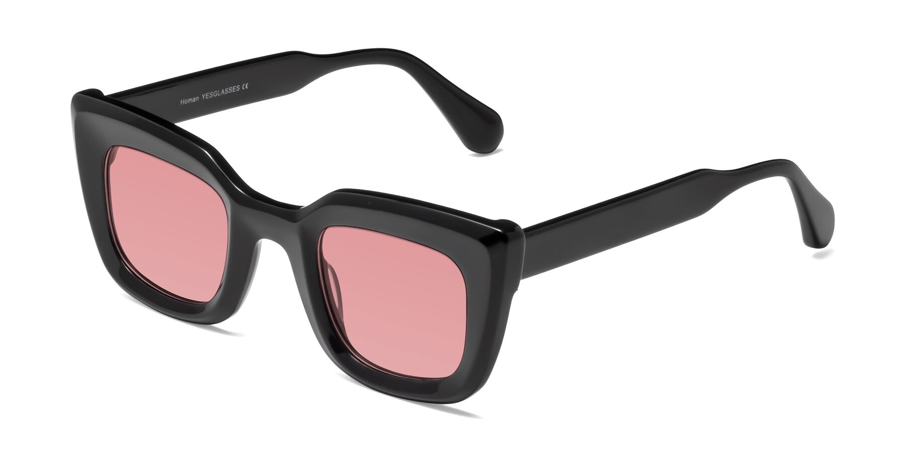 Angle of Homan in Black with Medium Garnet Tinted Lenses