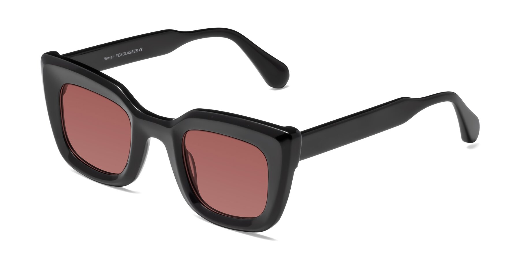 Angle of Homan in Black with Garnet Tinted Lenses