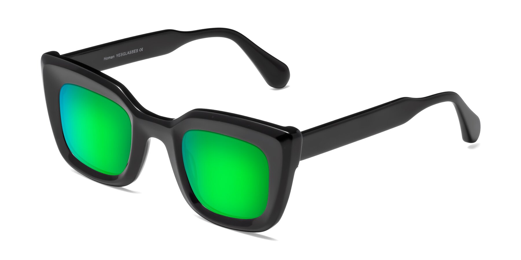 Angle of Homan in Black with Green Mirrored Lenses