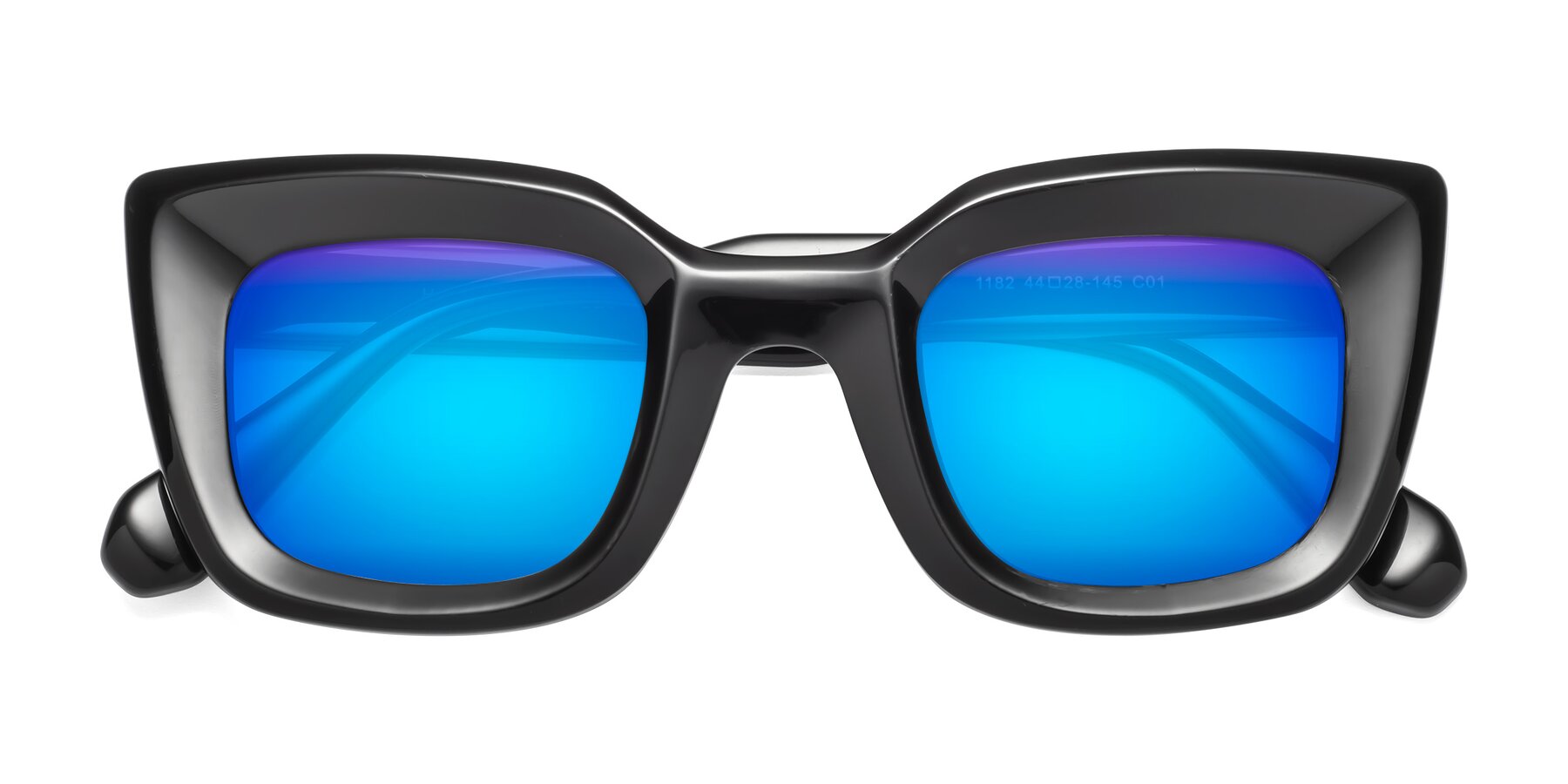 Folded Front of Homan in Black with Blue Mirrored Lenses