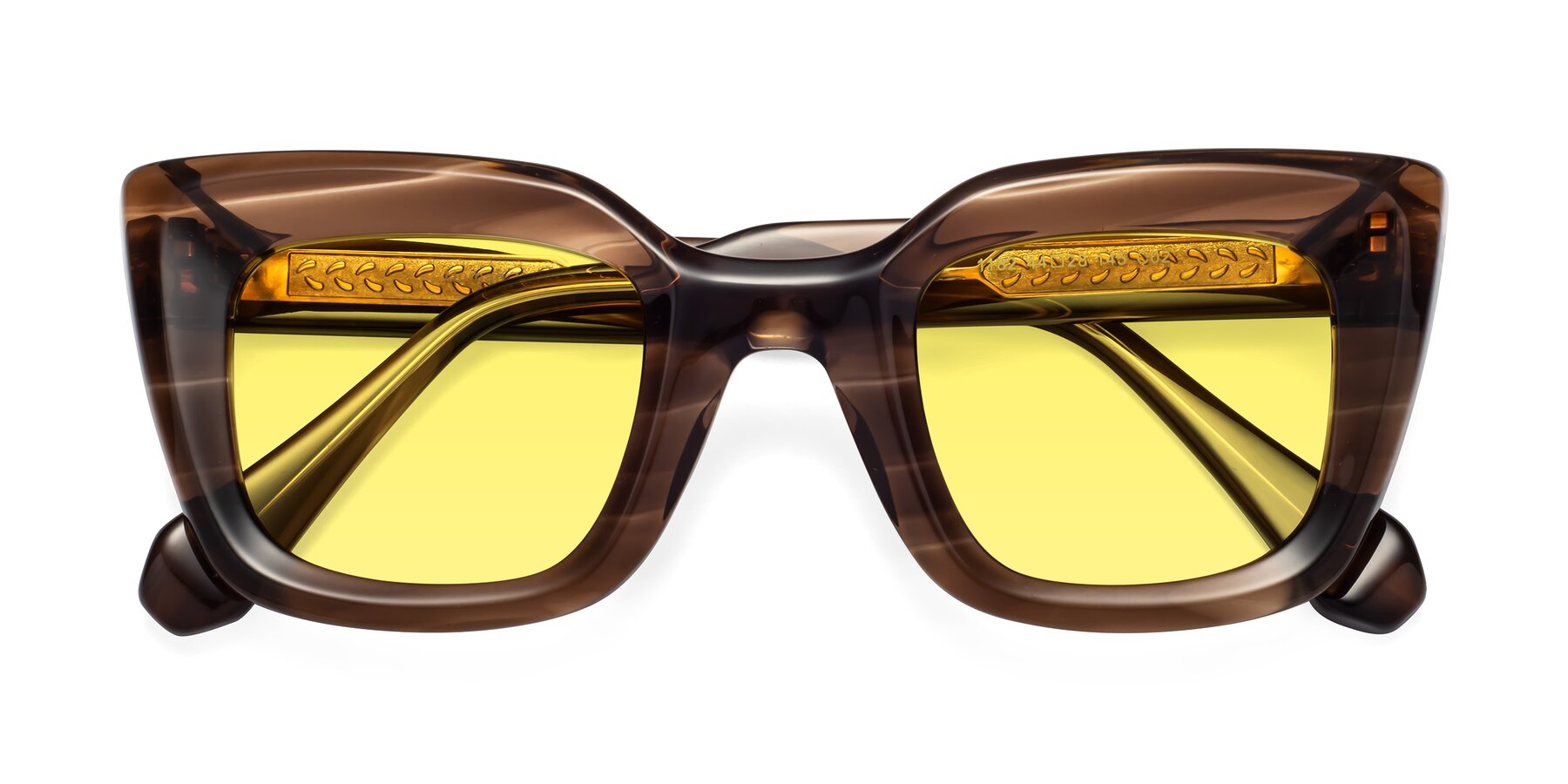 Folded Front of Homan in Chocolate with Medium Yellow Tinted Lenses