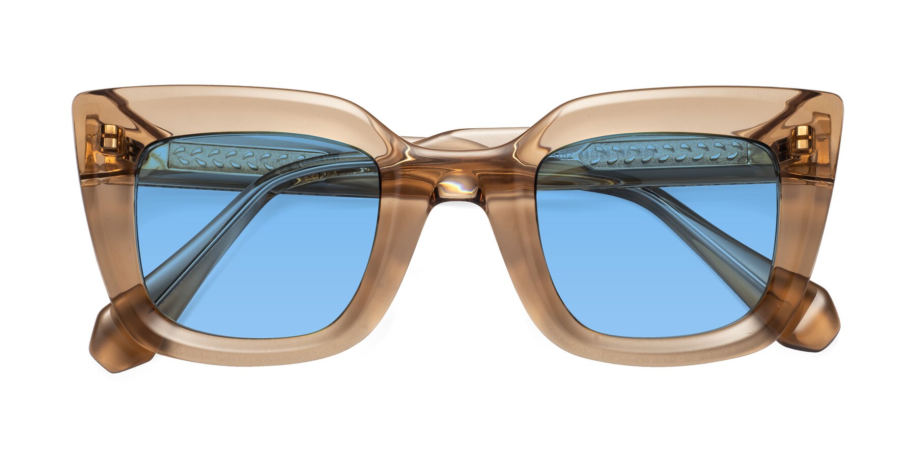 Folded Front of Homan in Amber with Medium Blue Tinted Lenses