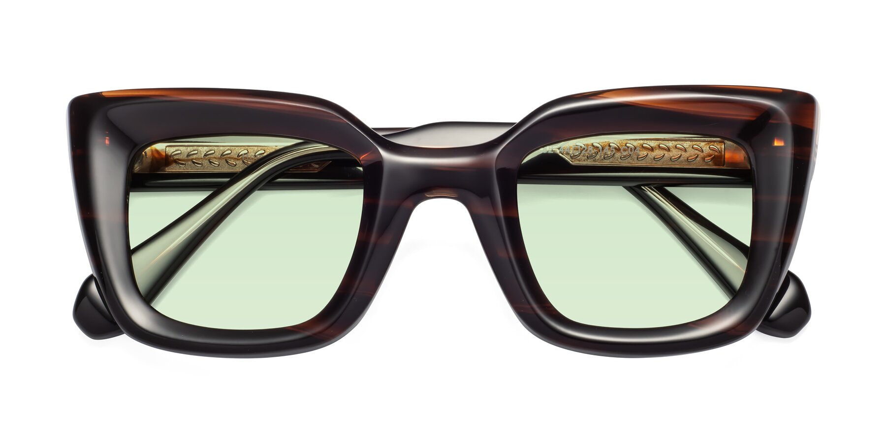 Folded Front of Homan in Dark Brown with Light Green Tinted Lenses