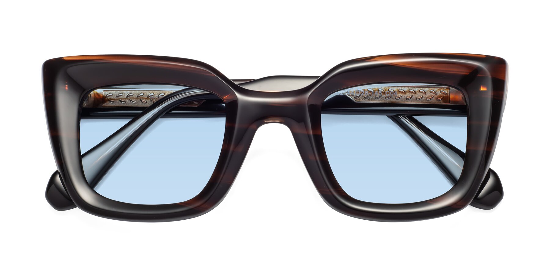 Folded Front of Homan in Dark Brown with Light Blue Tinted Lenses