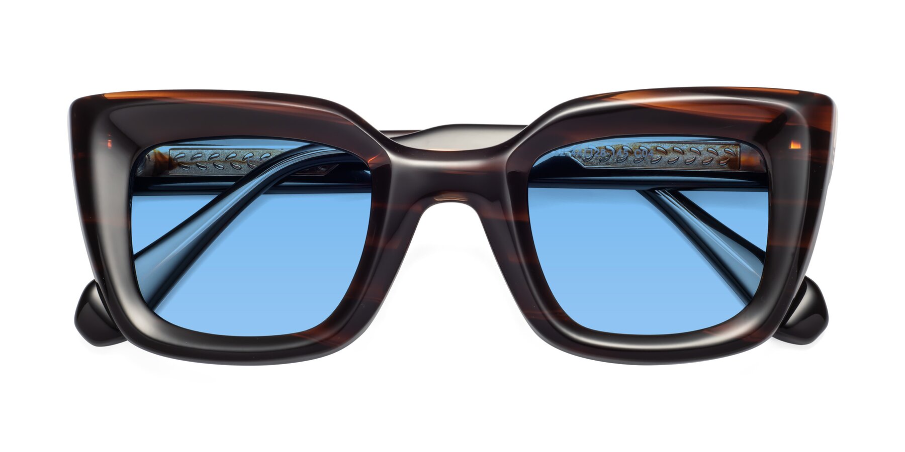 Folded Front of Homan in Dark Brown with Medium Blue Tinted Lenses